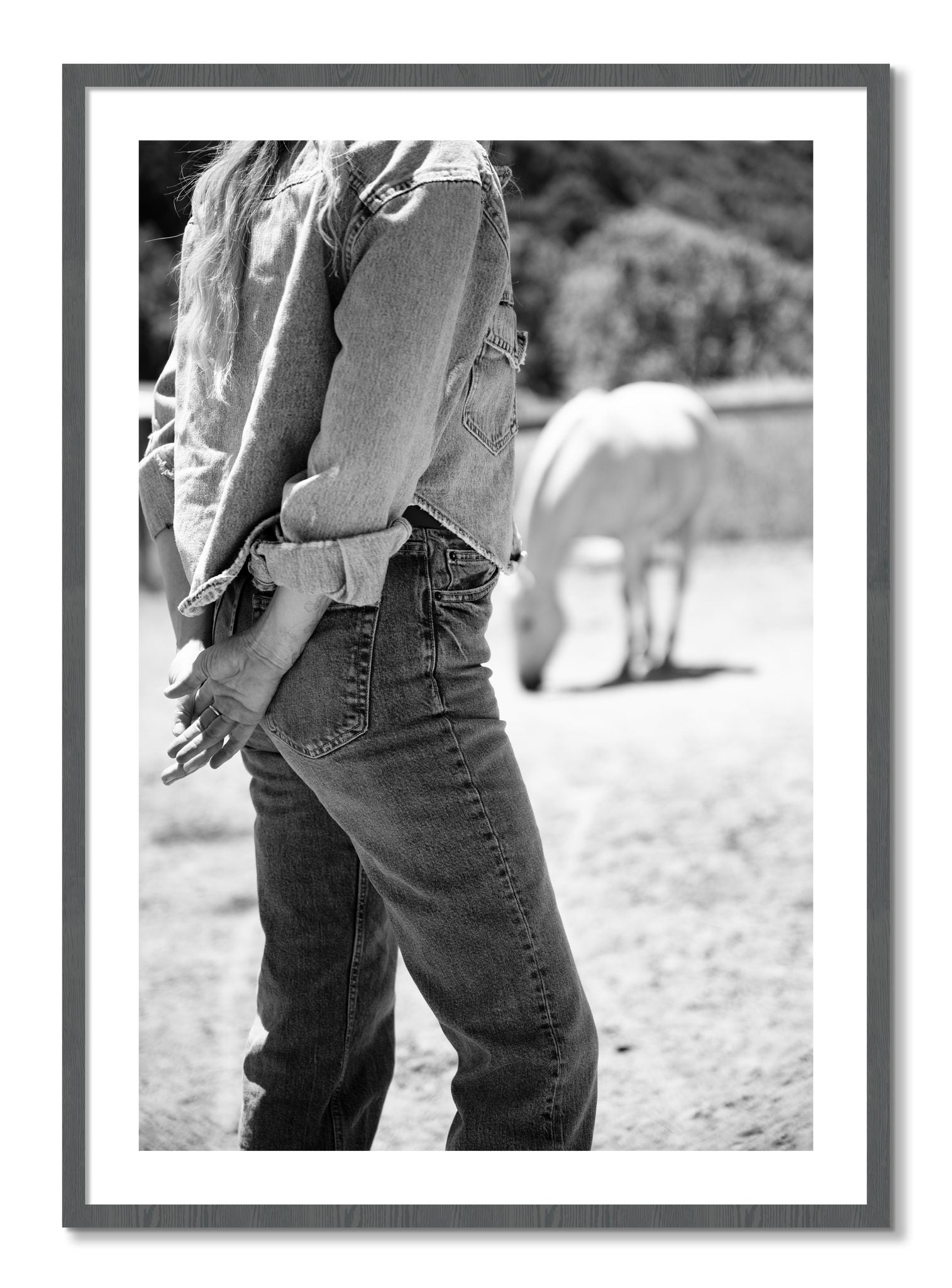 Framed photograph of Cowgirl by Dylan Ozanich, Grey frame, Borders
