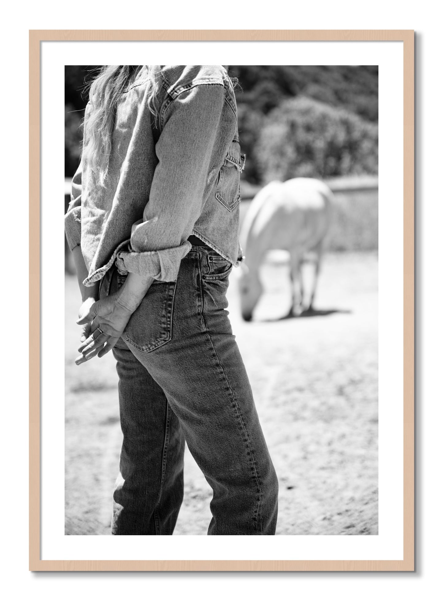 Framed photograph of Cowgirl by Dylan Ozanich, Maple frame, Borders