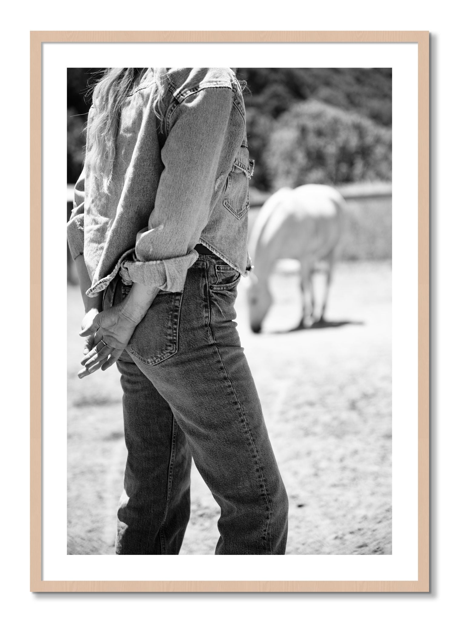 Framed photograph of Cowgirl by Dylan Ozanich, Maple frame, Borders
