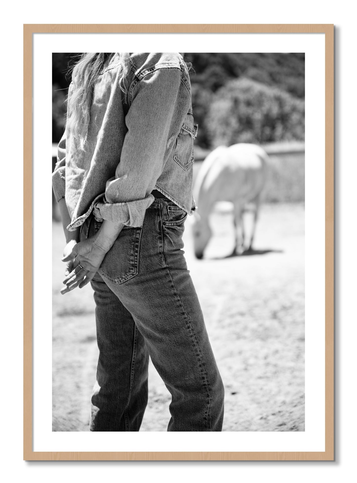 Framed photograph of Cowgirl by Dylan Ozanich, Oak frame, Borders