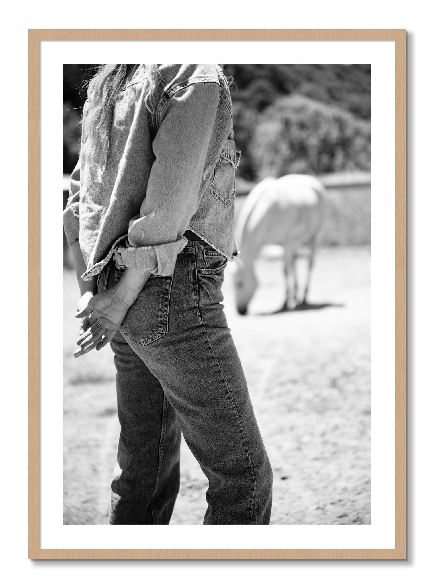 Framed photograph of Cowgirl by Dylan Ozanich, Oak frame, Borders