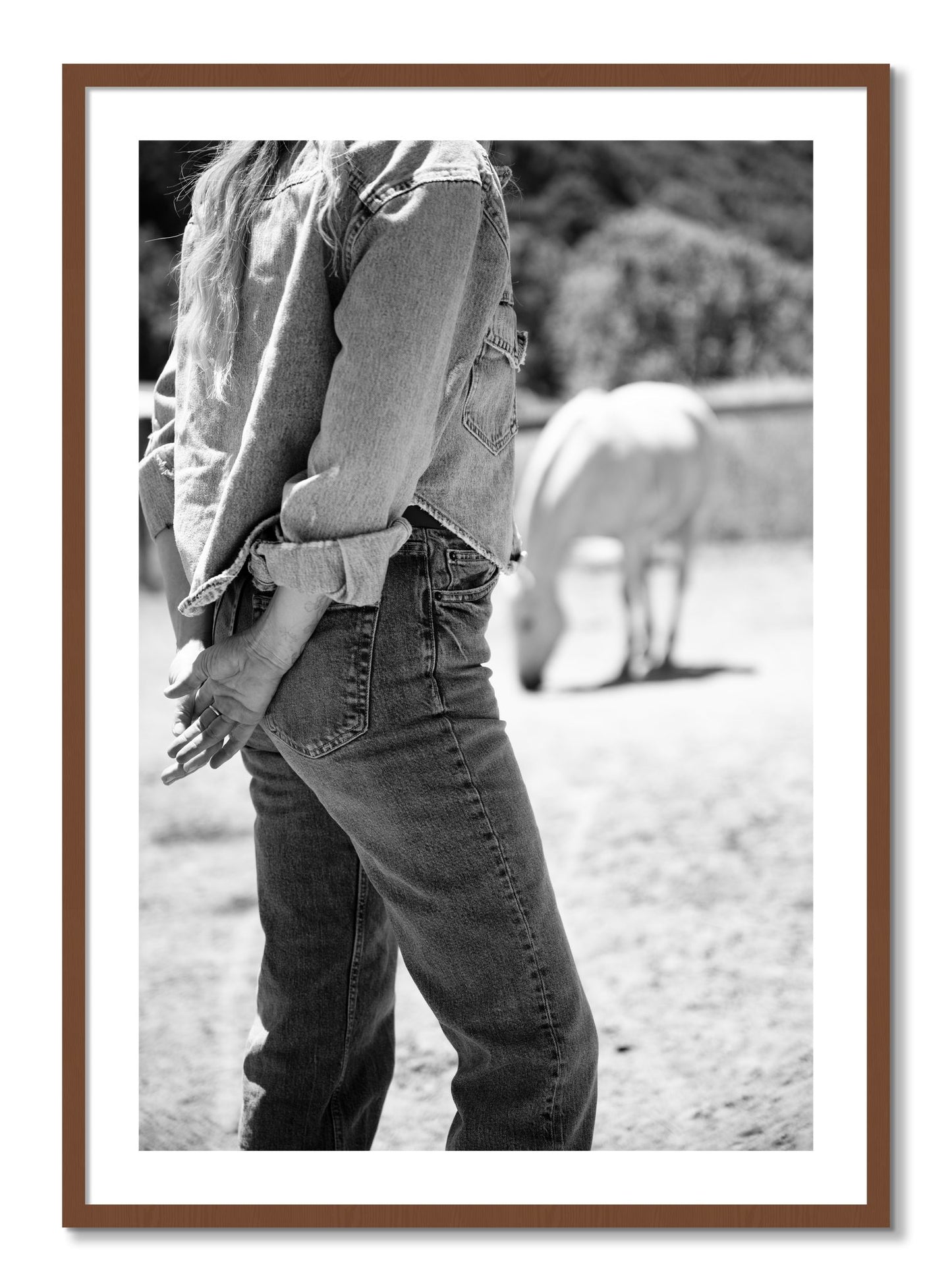 Framed photograph of Cowgirl by Dylan Ozanich, Walnut frame, Borders