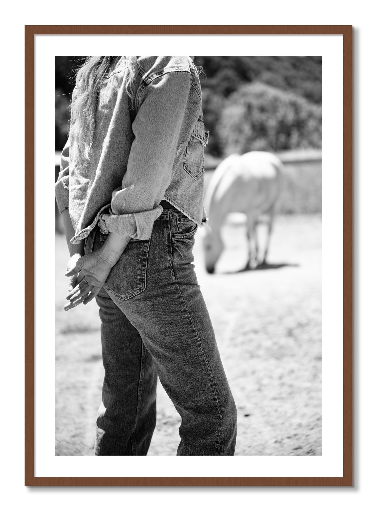 Framed photograph of Cowgirl by Dylan Ozanich, Walnut frame, Borders