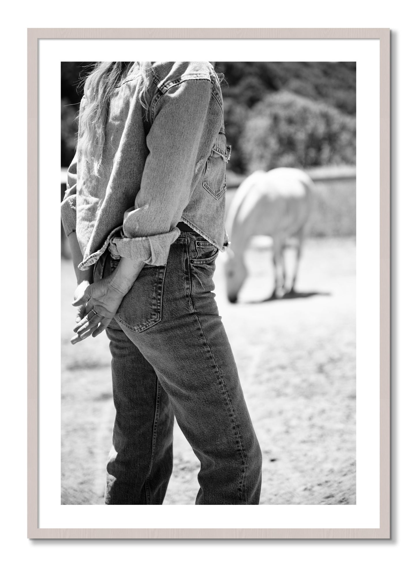 Framed photograph of Cowgirl by Dylan Ozanich, White Maple frame, Borders