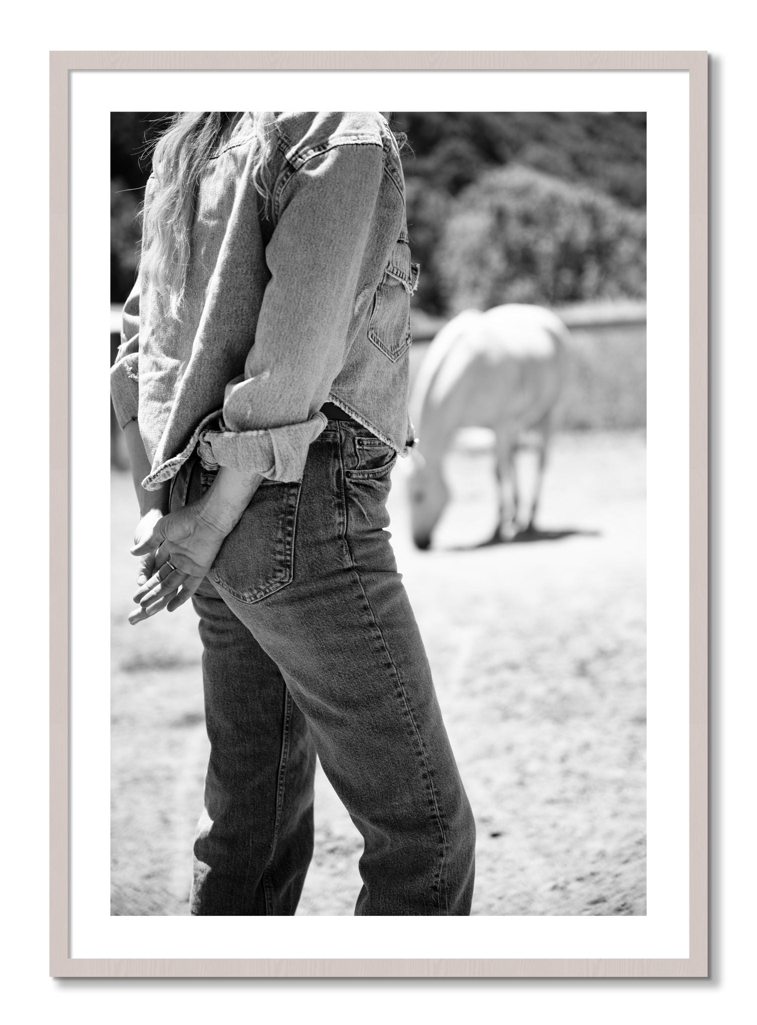 Framed photograph of Cowgirl by Dylan Ozanich, White Maple frame, Borders