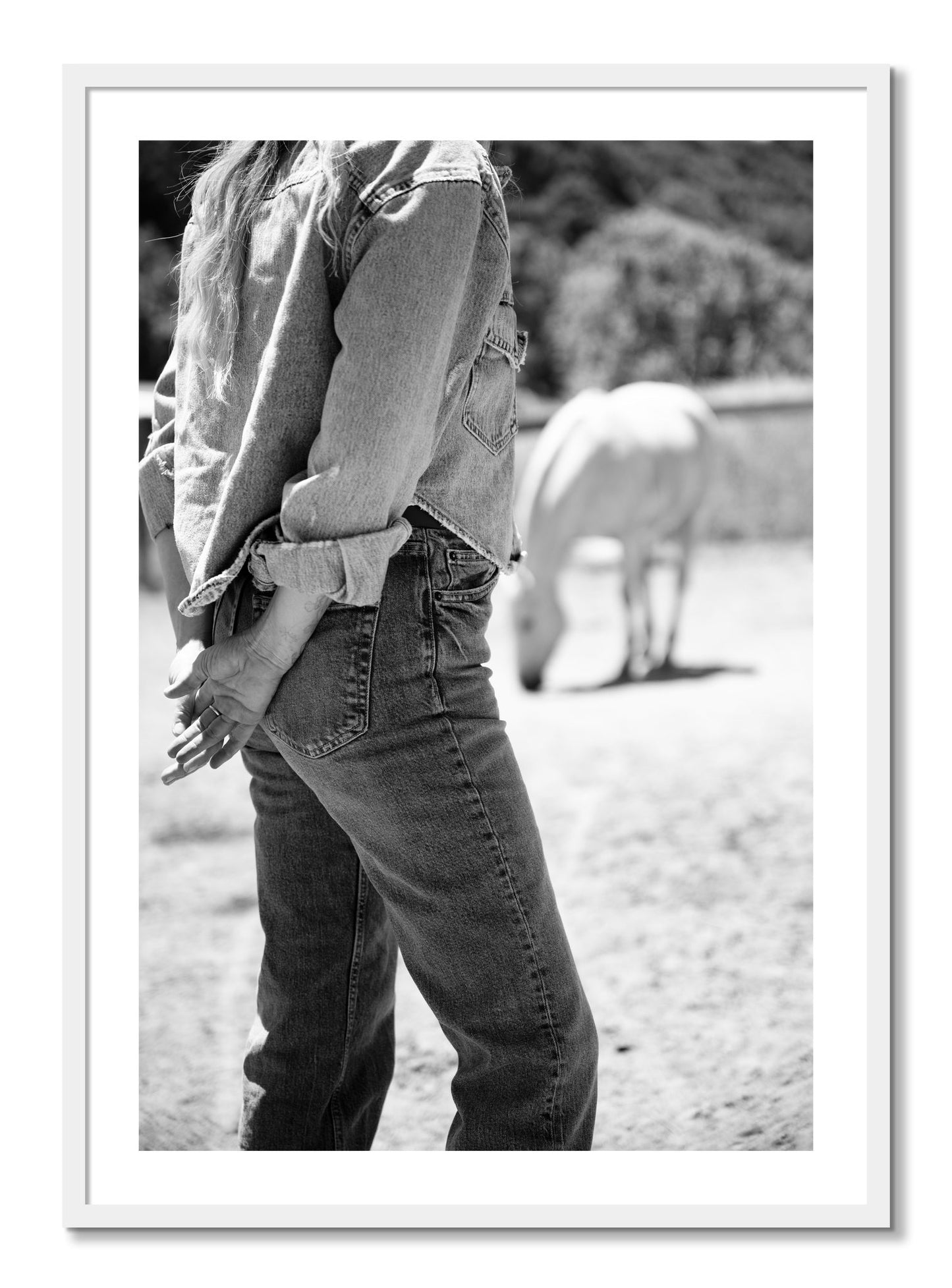 Framed photograph of Cowgirl by Dylan Ozanich, White frame, Borders