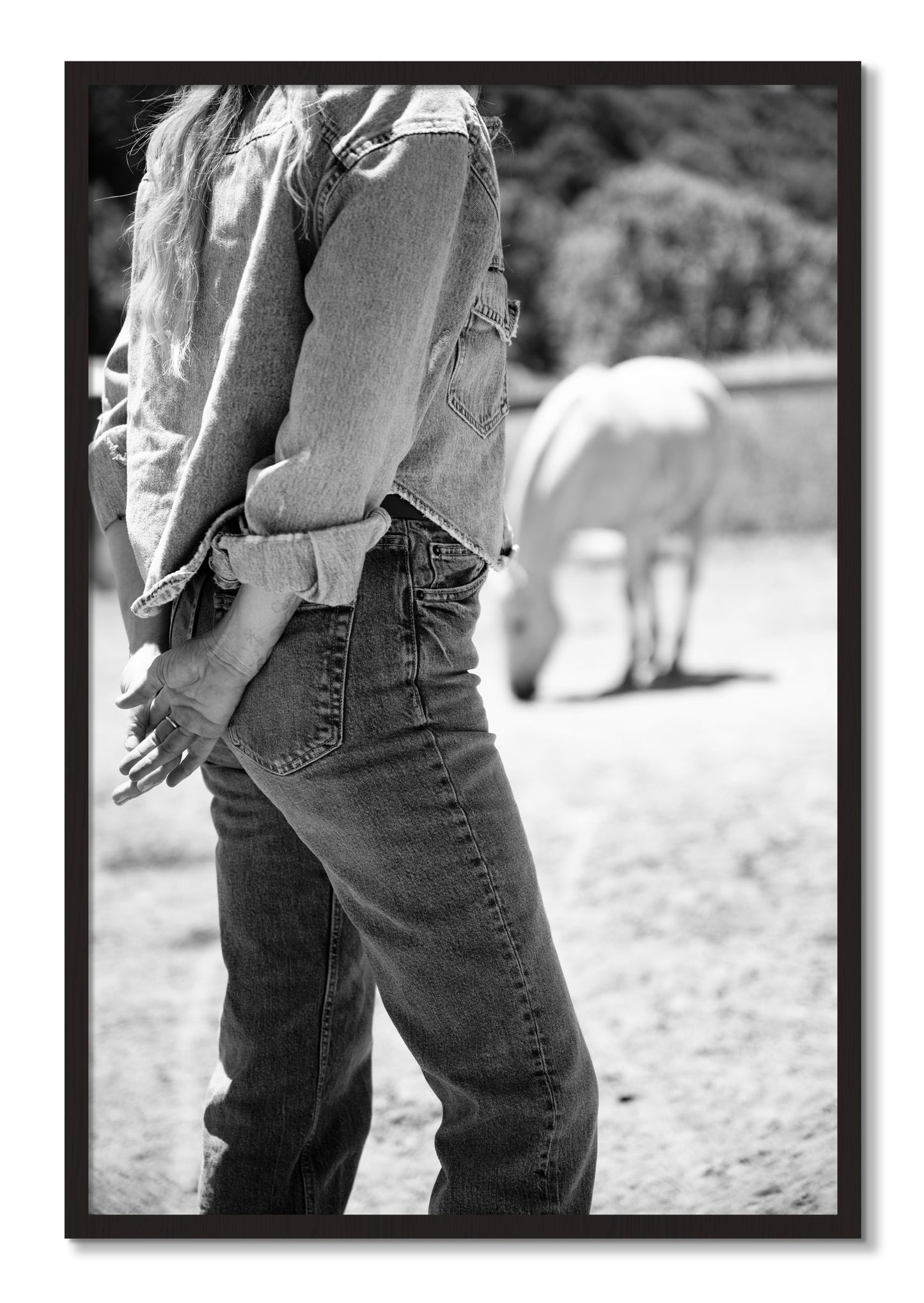 Framed photograph of Cowgirl by Dylan Ozanich, Black Walnut frame, Full Bleed