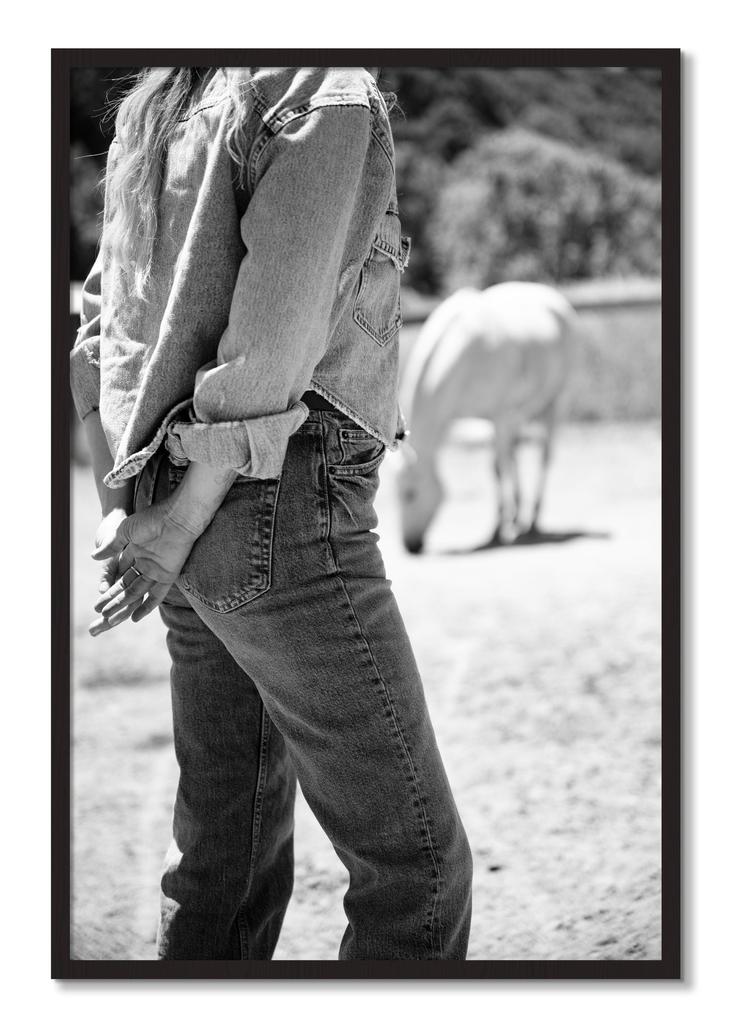 Framed photograph of Cowgirl by Dylan Ozanich, Black Walnut frame, Full Bleed