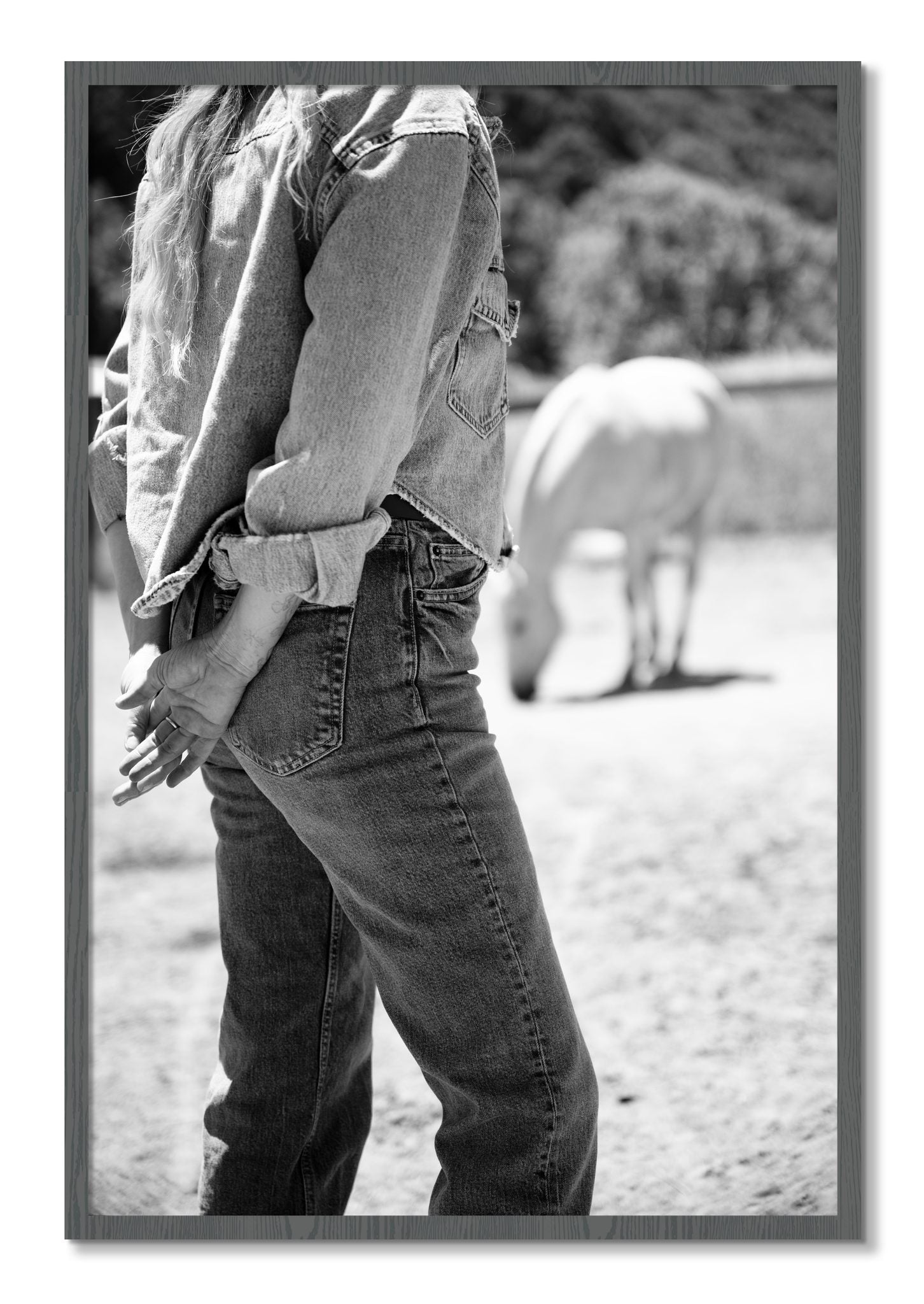 Framed photograph of Cowgirl by Dylan Ozanich, Grey frame, Full Bleed