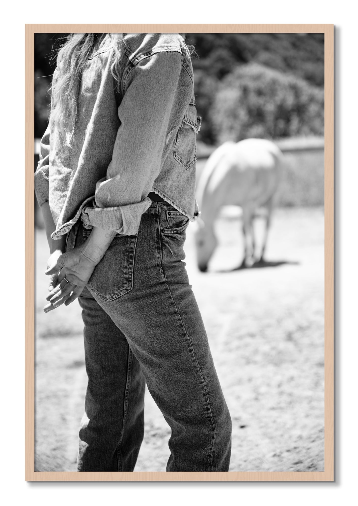 Framed photograph of Cowgirl by Dylan Ozanich, Maple frame, Full Bleed