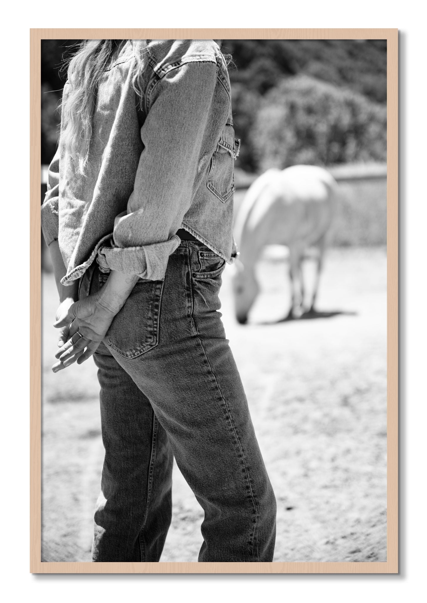 Framed photograph of Cowgirl by Dylan Ozanich, Maple frame, Full Bleed