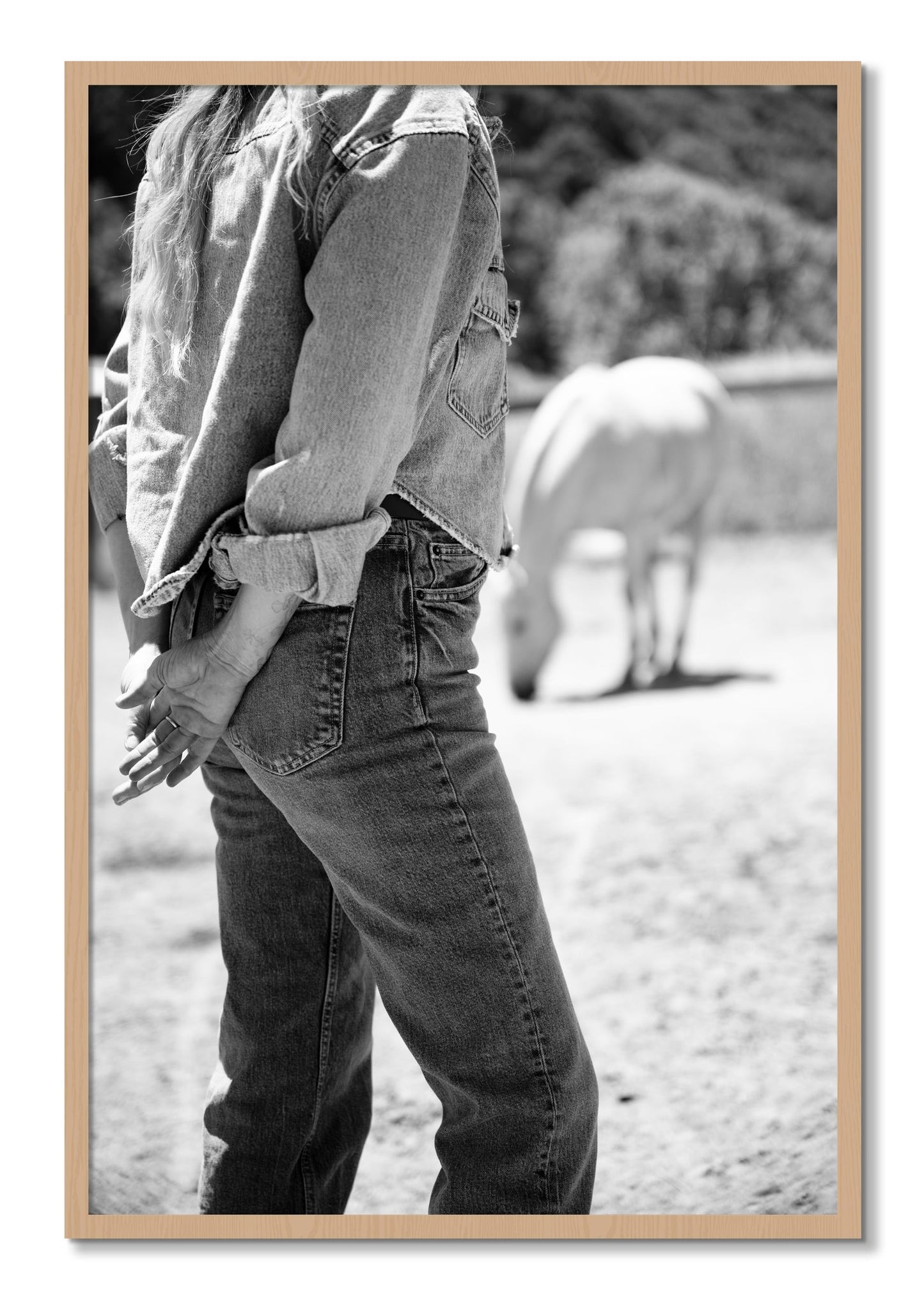 Framed photograph of Cowgirl by Dylan Ozanich, Oak frame, Full Bleed