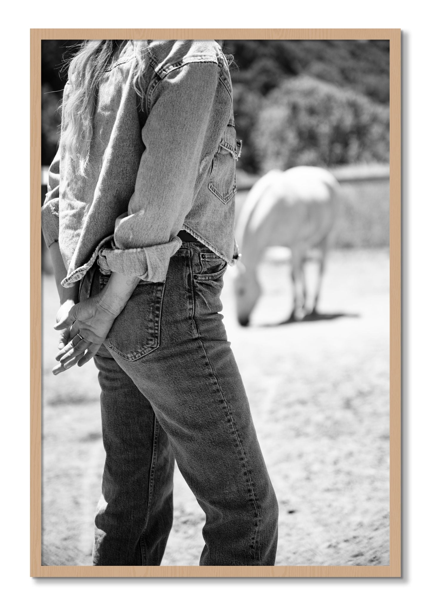 Framed photograph of Cowgirl by Dylan Ozanich, Oak frame, Full Bleed
