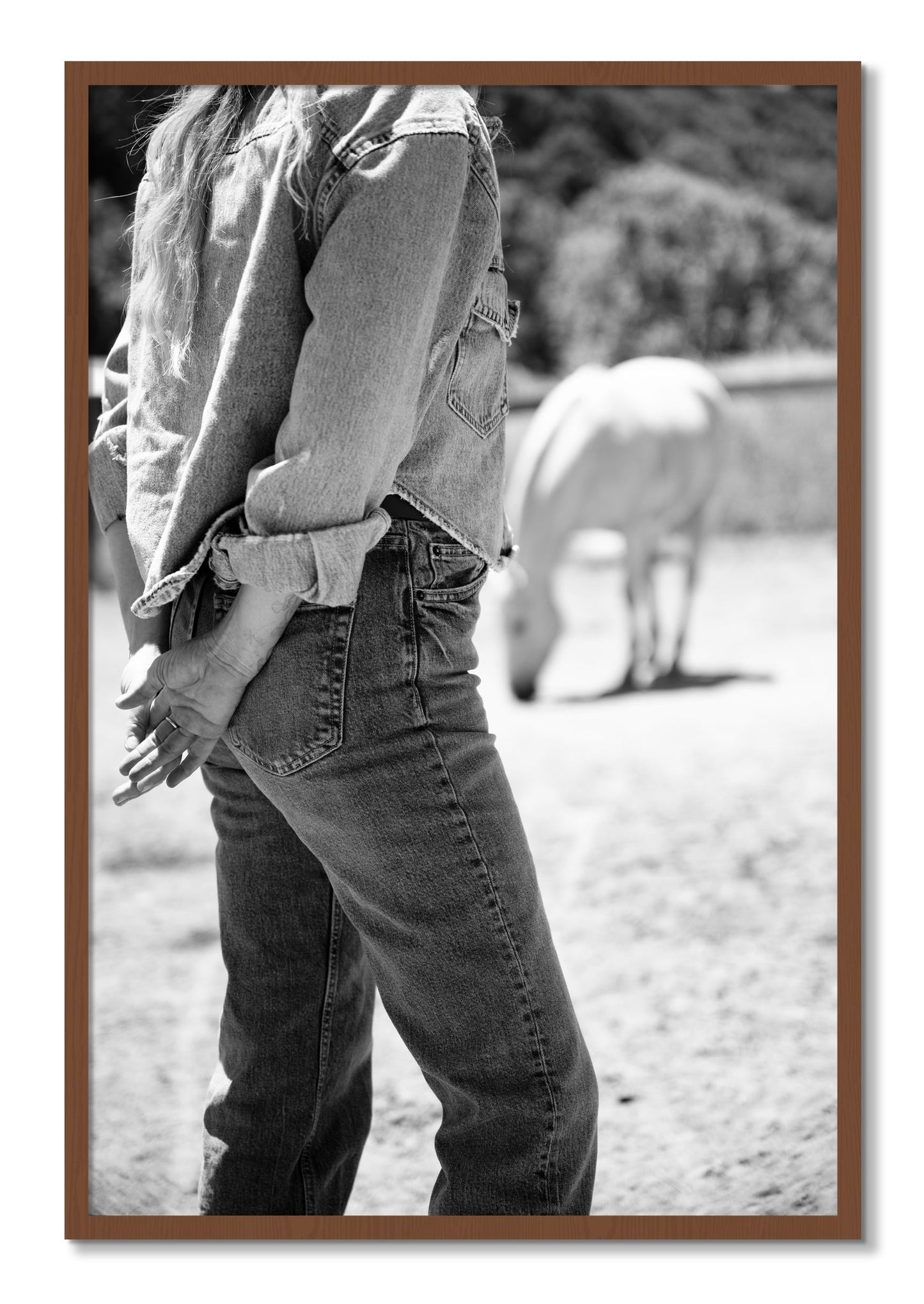 Framed photograph of Cowgirl by Dylan Ozanich, Walnut frame, Full Bleed