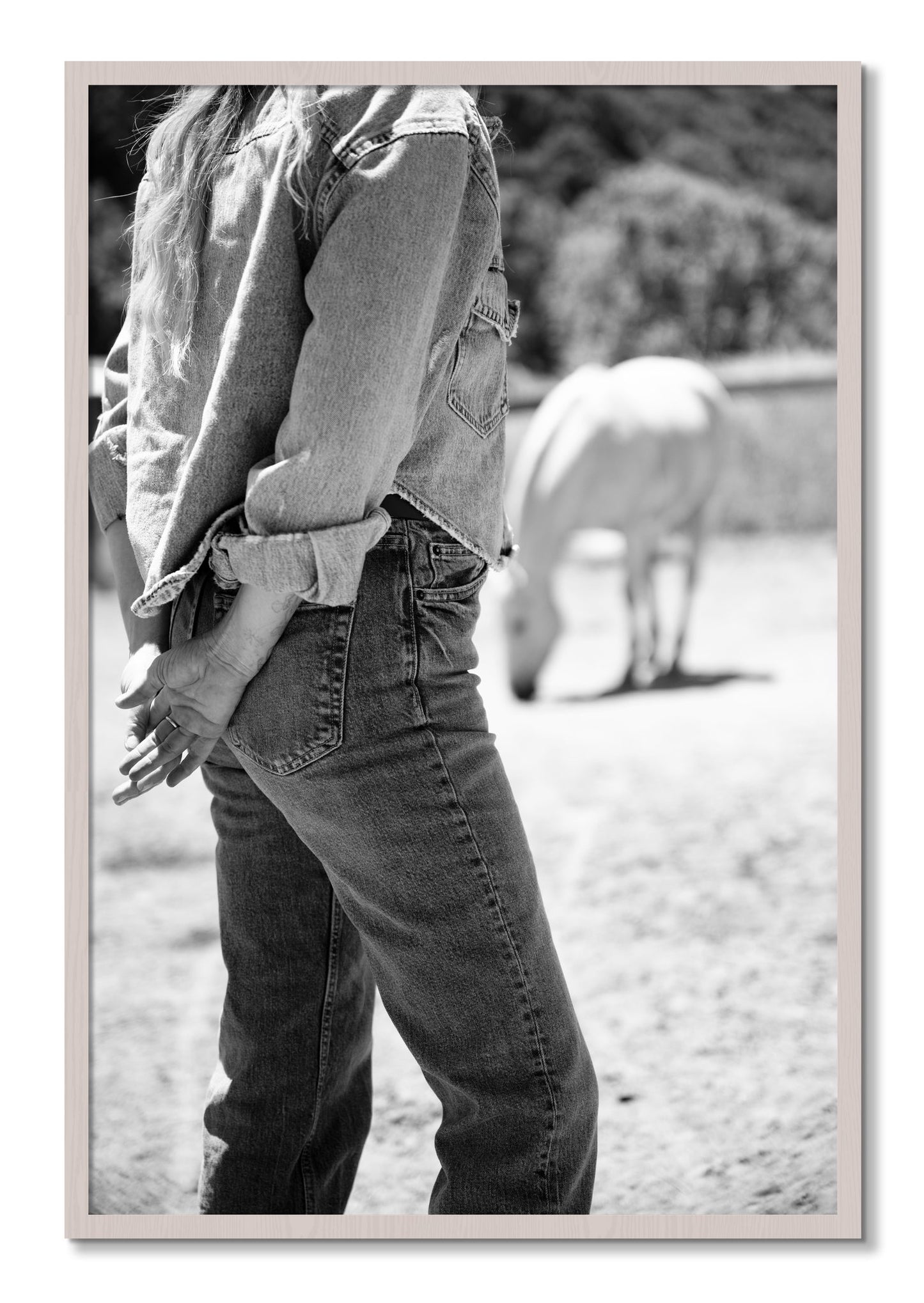 Framed photograph of Cowgirl by Dylan Ozanich, White Maple frame, Full Bleed