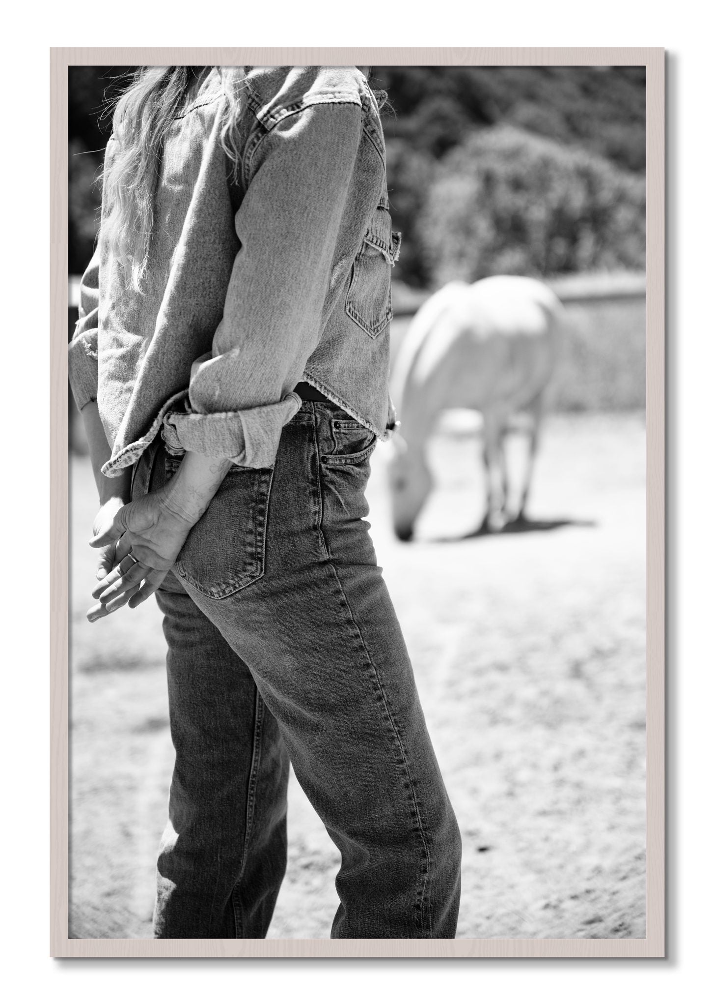 Framed photograph of Cowgirl by Dylan Ozanich, White Maple frame, Full Bleed
