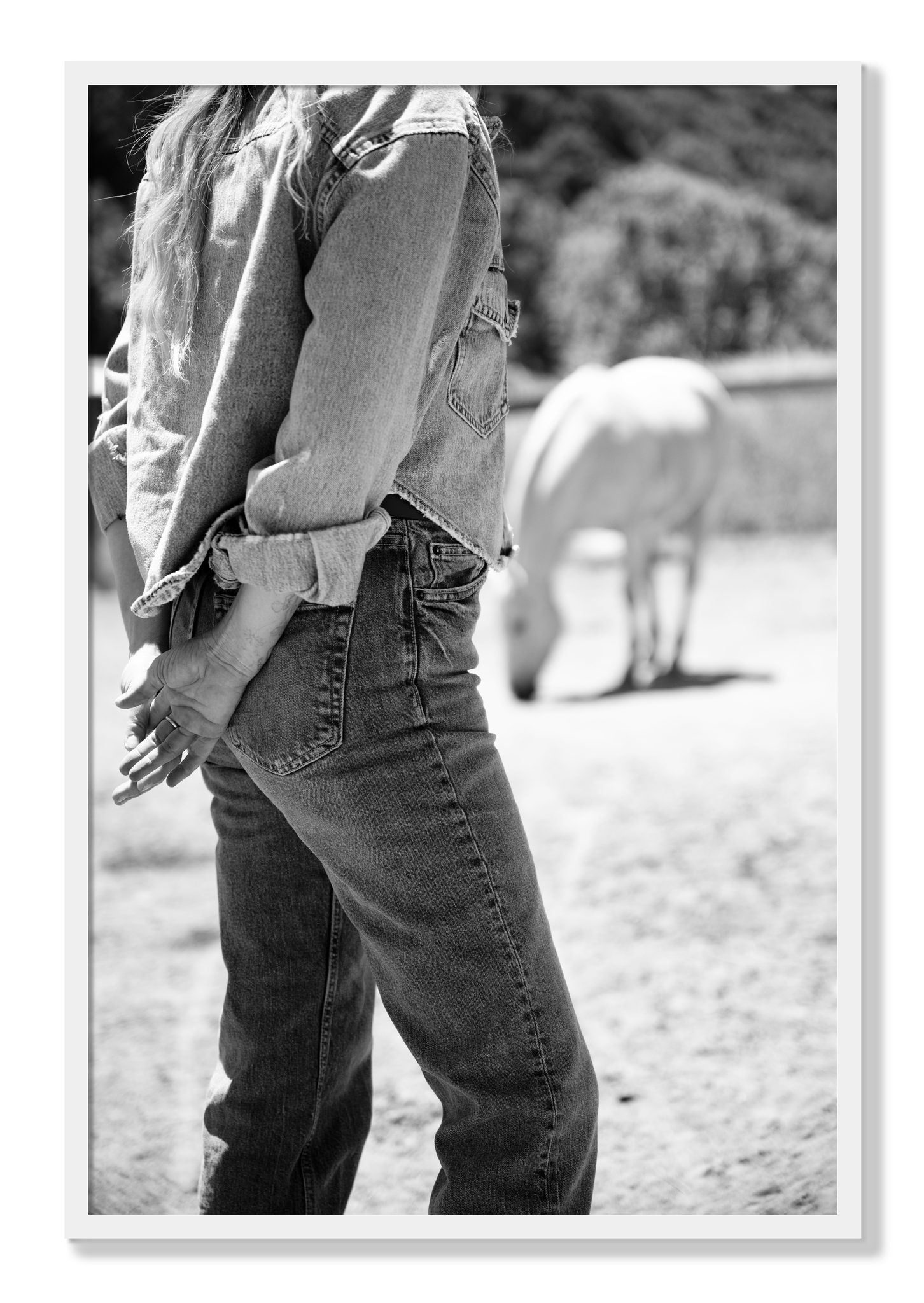 Framed photograph of Cowgirl by Dylan Ozanich, White frame, Full Bleed