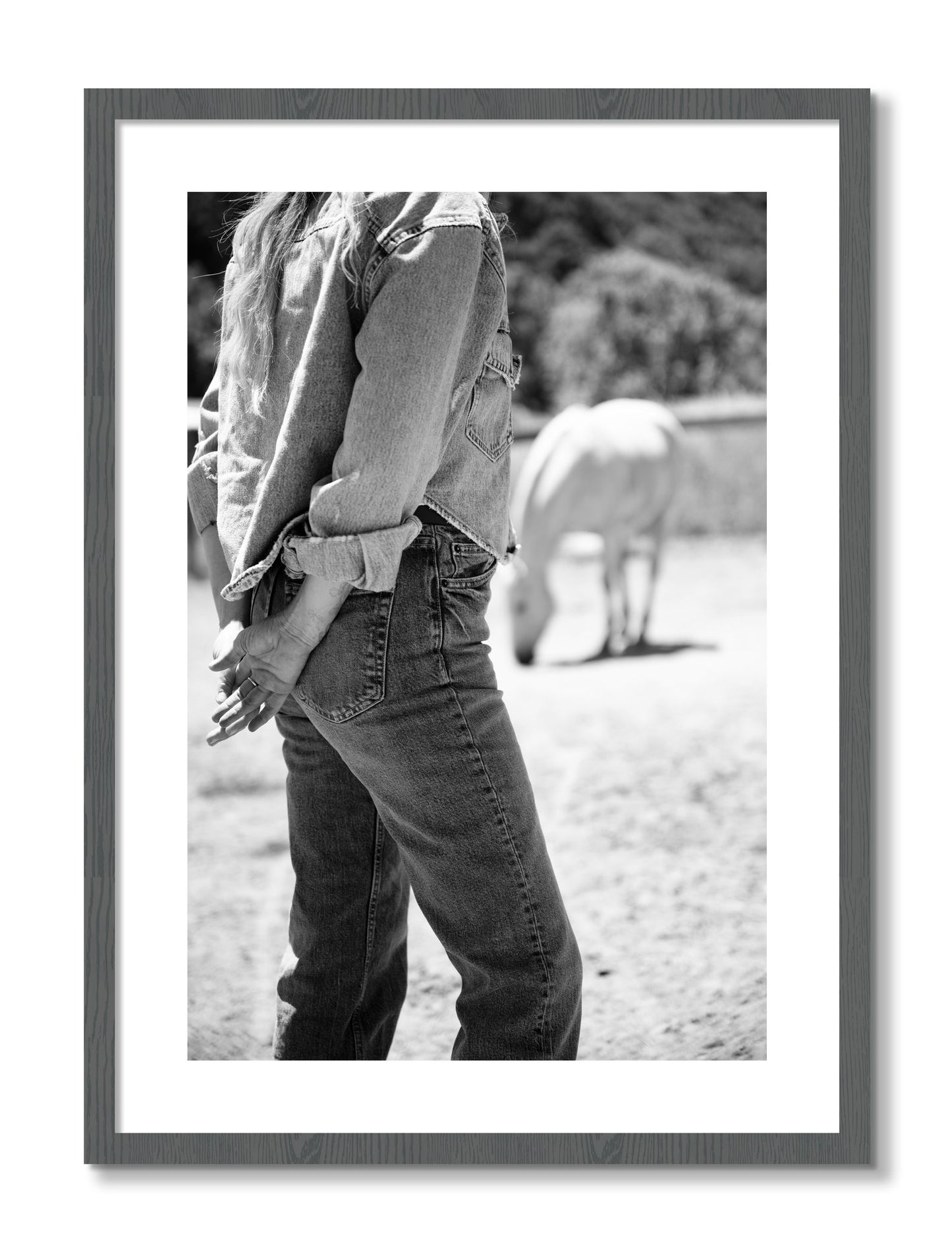 Framed photograph of Cowgirl by Dylan Ozanich, Grey frame, Borders