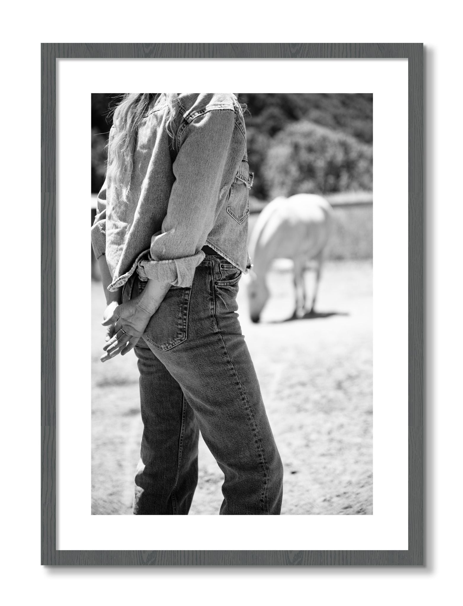 Framed photograph of Cowgirl by Dylan Ozanich, Grey frame, Borders
