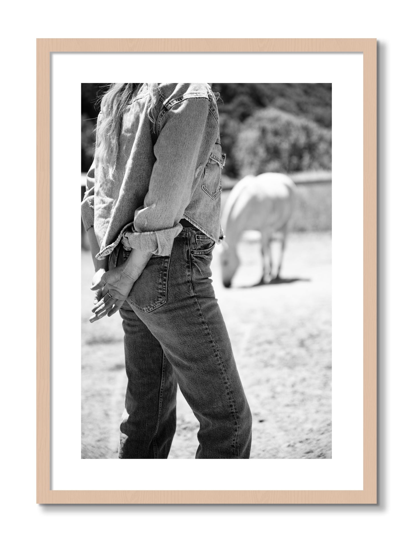 Framed photograph of Cowgirl by Dylan Ozanich, Maple frame, Borders