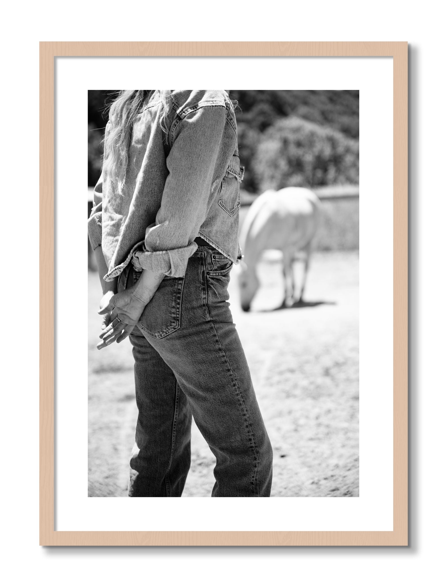 Framed photograph of Cowgirl by Dylan Ozanich, Maple frame, Borders