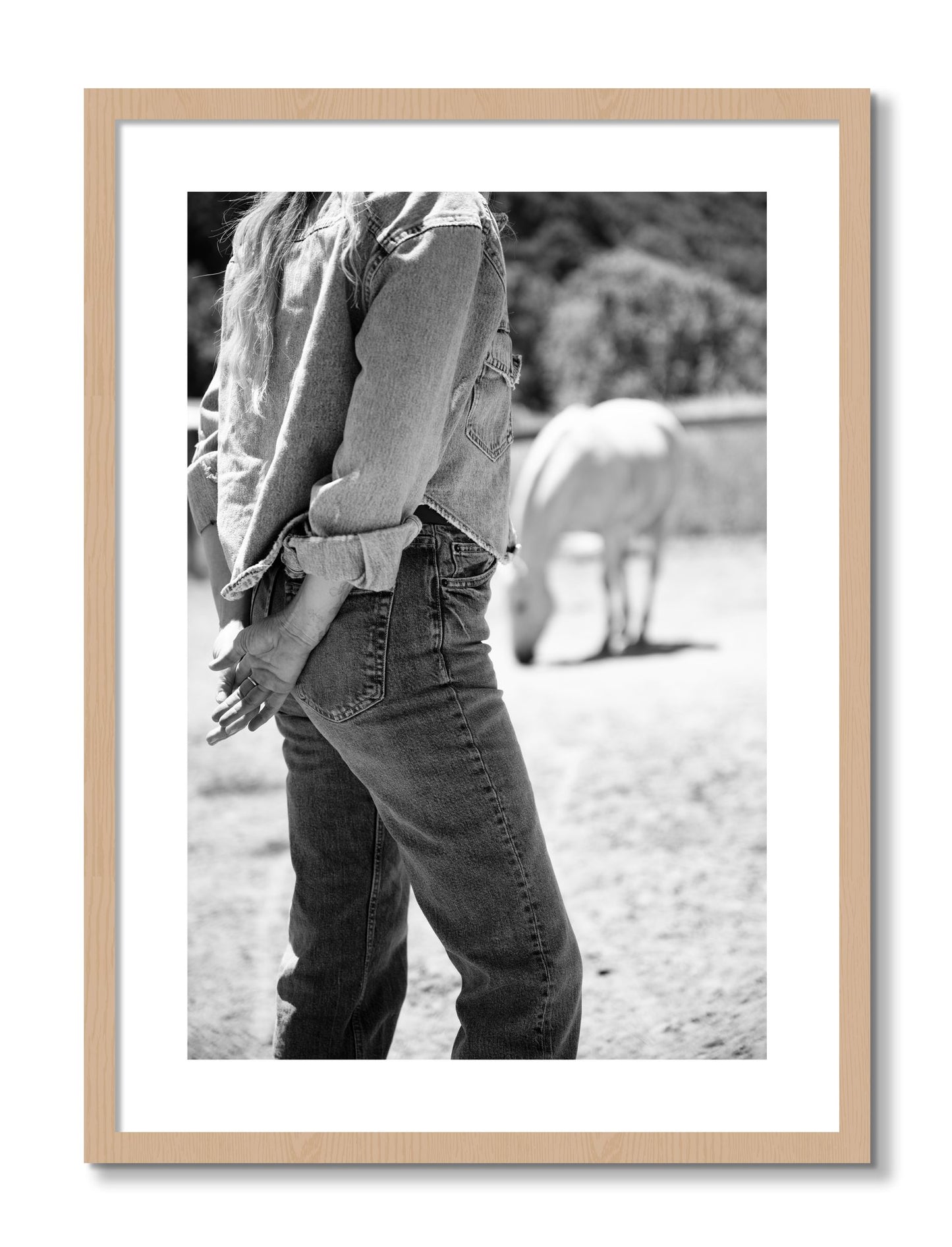 Framed photograph of Cowgirl by Dylan Ozanich, Oak frame, Borders