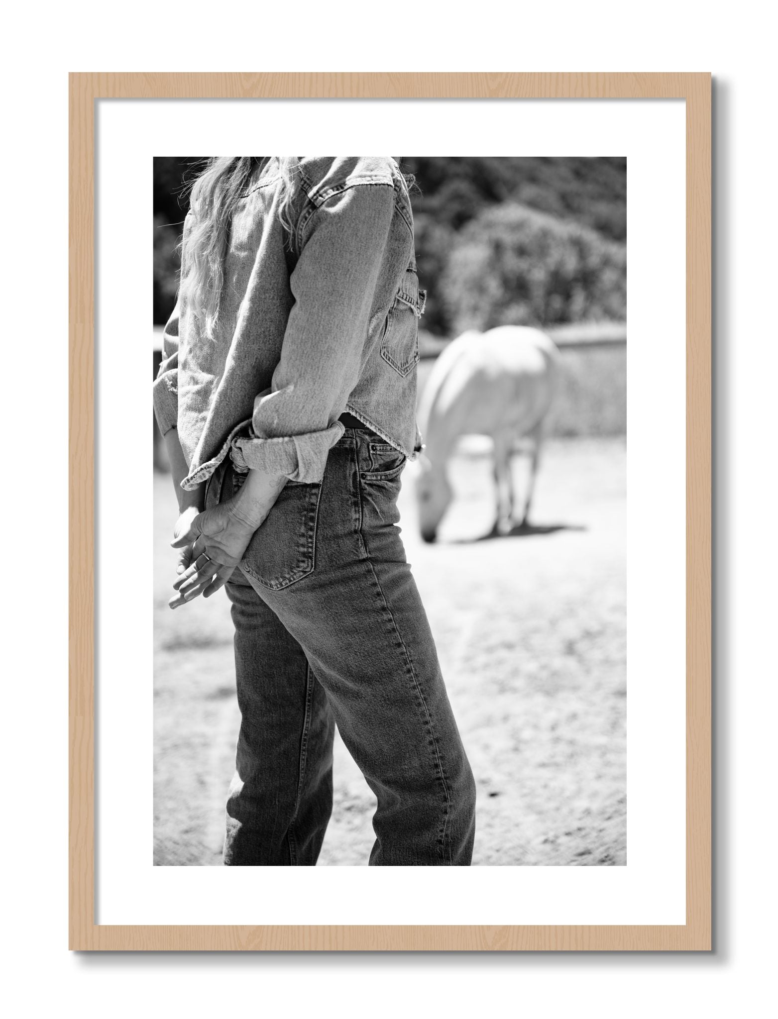 Framed photograph of Cowgirl by Dylan Ozanich, Oak frame, Borders