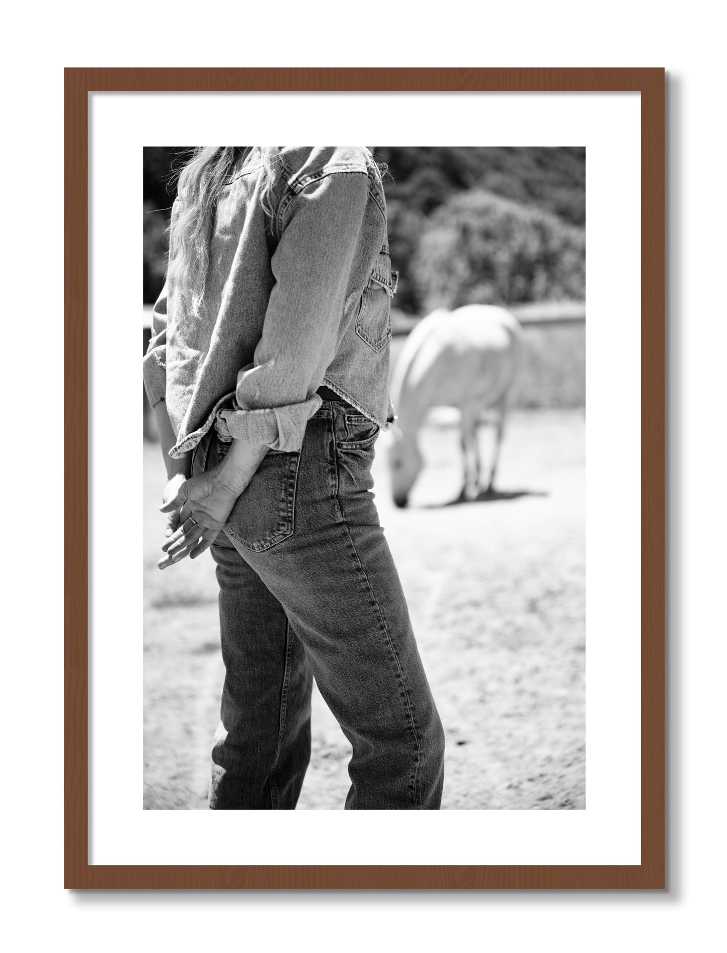 Framed photograph of Cowgirl by Dylan Ozanich, Walnut frame, Borders