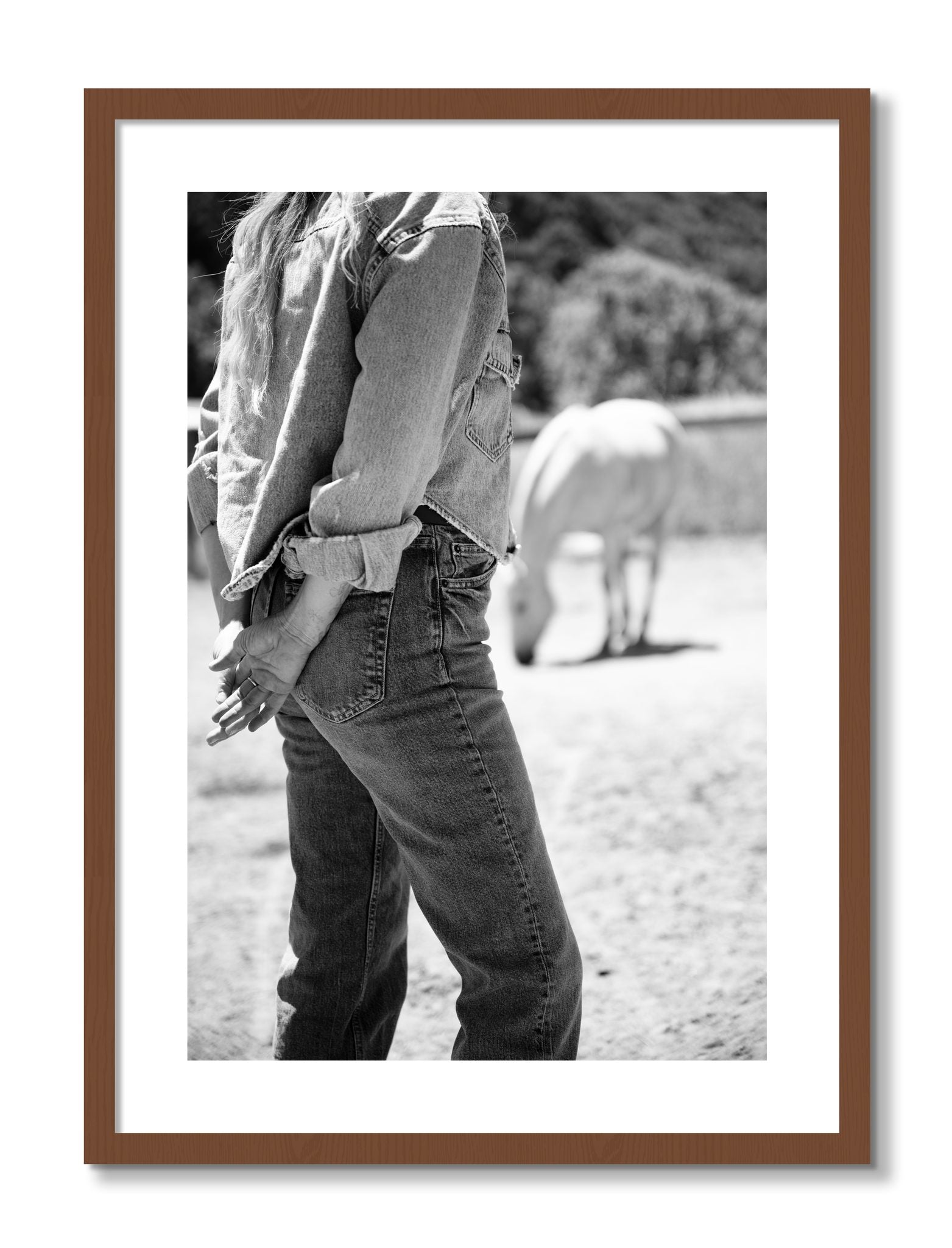 Framed photograph of Cowgirl by Dylan Ozanich, Walnut frame, Borders