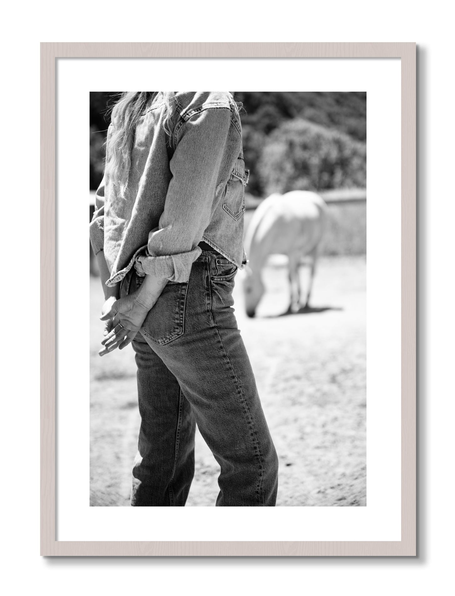 Framed photograph of Cowgirl by Dylan Ozanich, White Maple frame, Borders