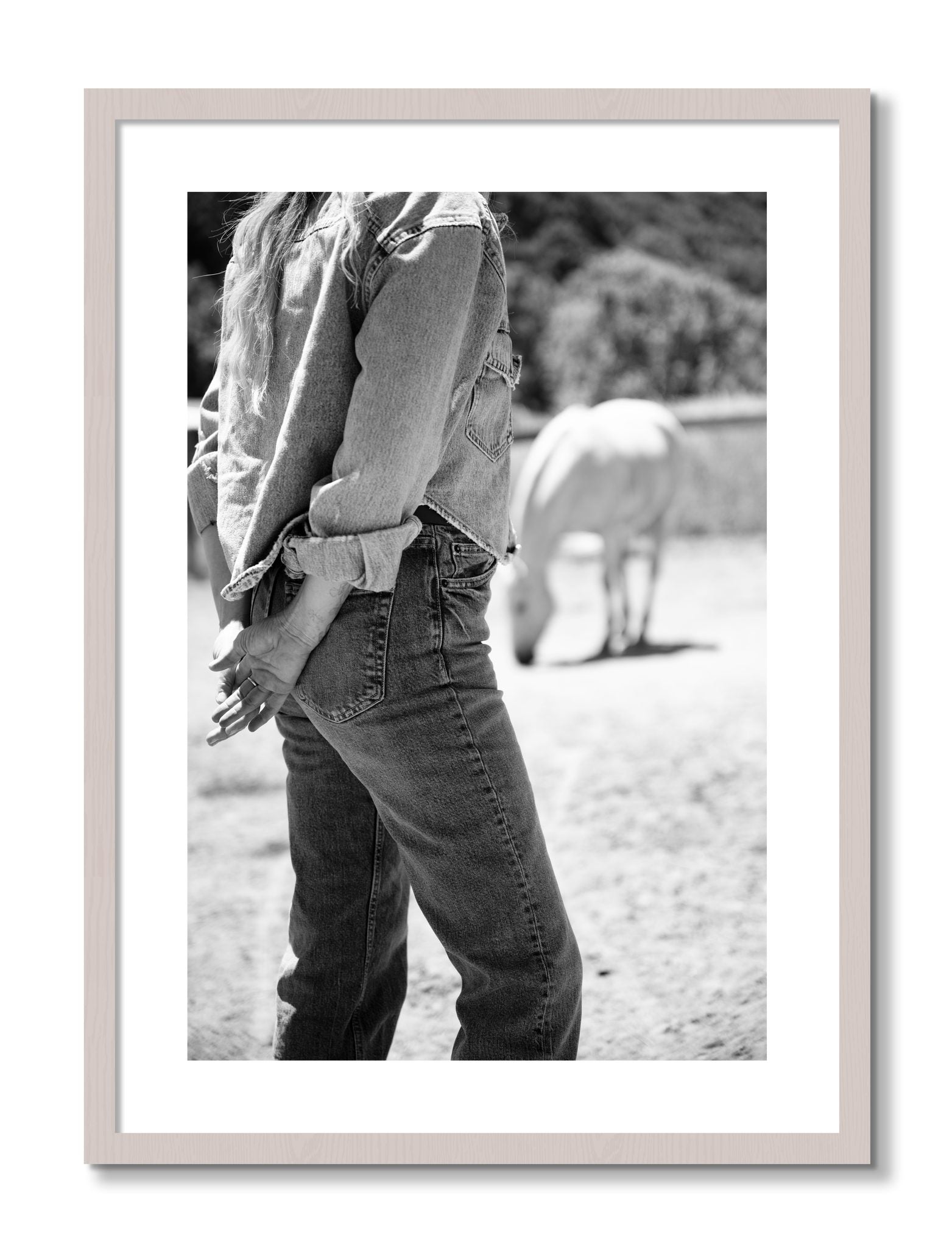 Framed photograph of Cowgirl by Dylan Ozanich, White Maple frame, Borders