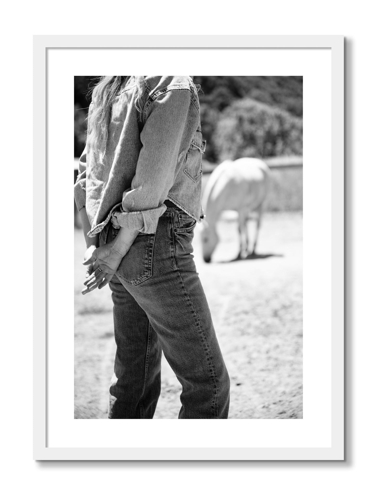 Framed photograph of Cowgirl by Dylan Ozanich, White frame, Borders