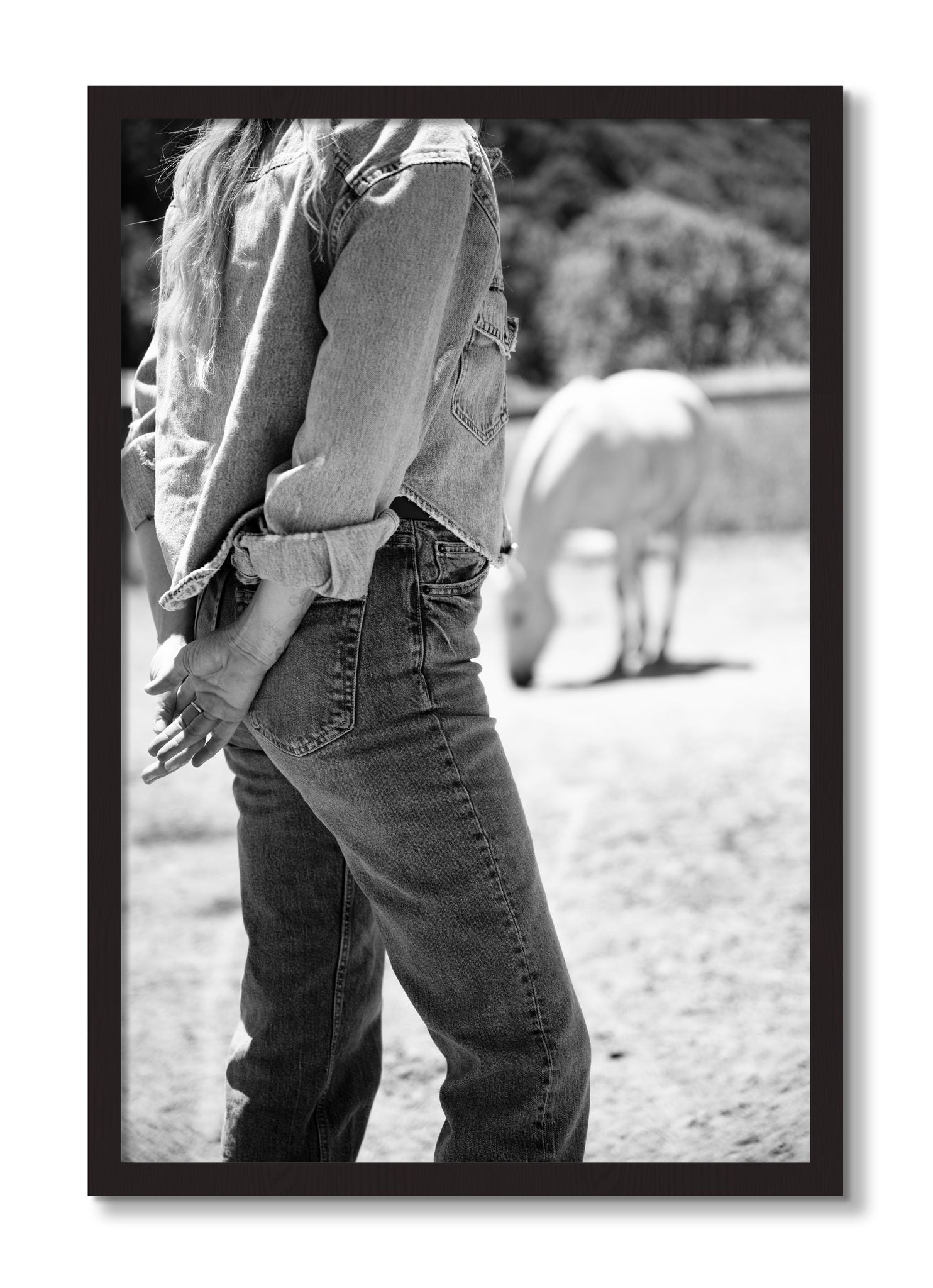 Framed photograph of Cowgirl by Dylan Ozanich, Black Walnut frame, Full Bleed