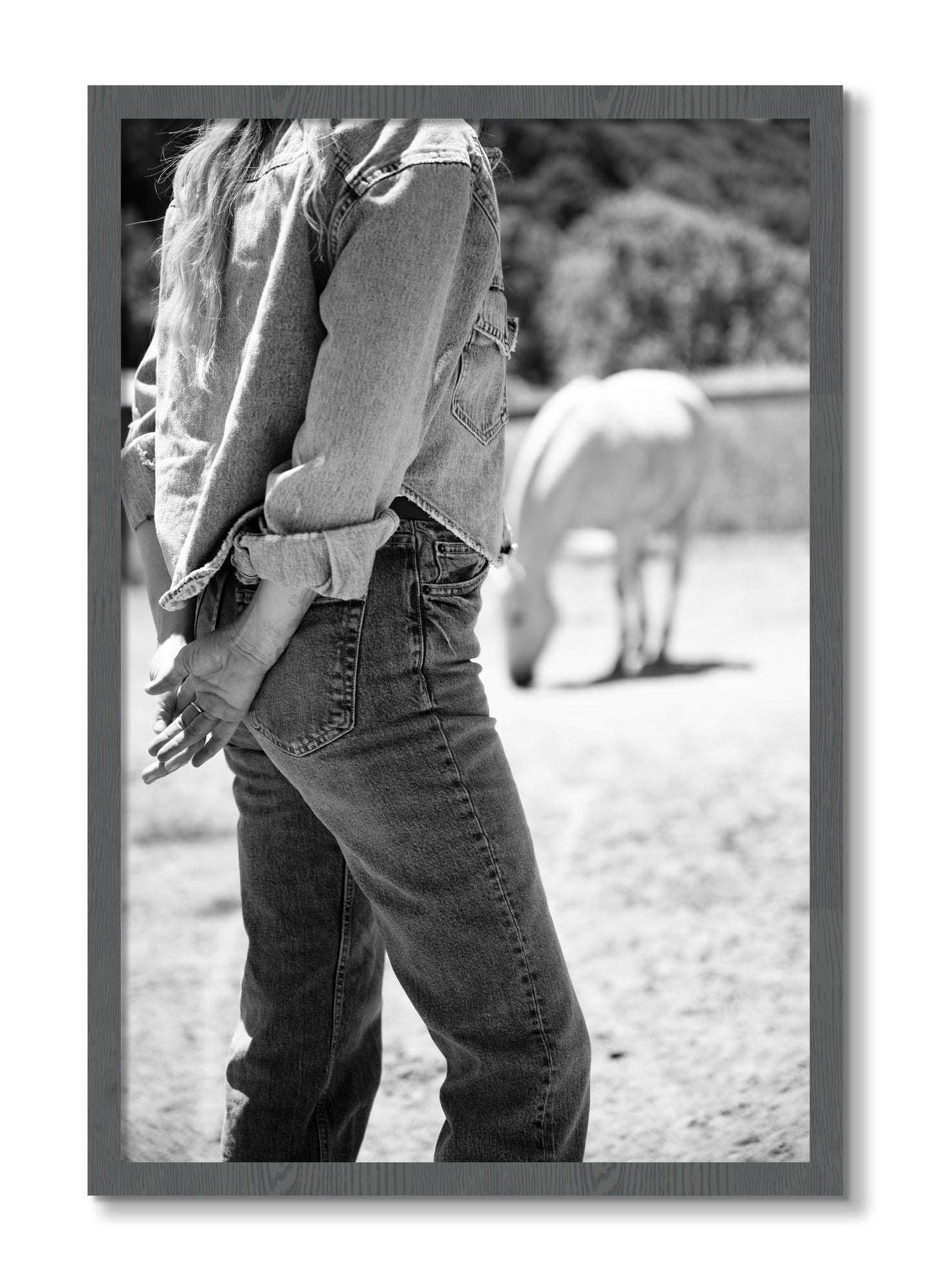 Framed photograph of Cowgirl by Dylan Ozanich, Grey frame, Full Bleed