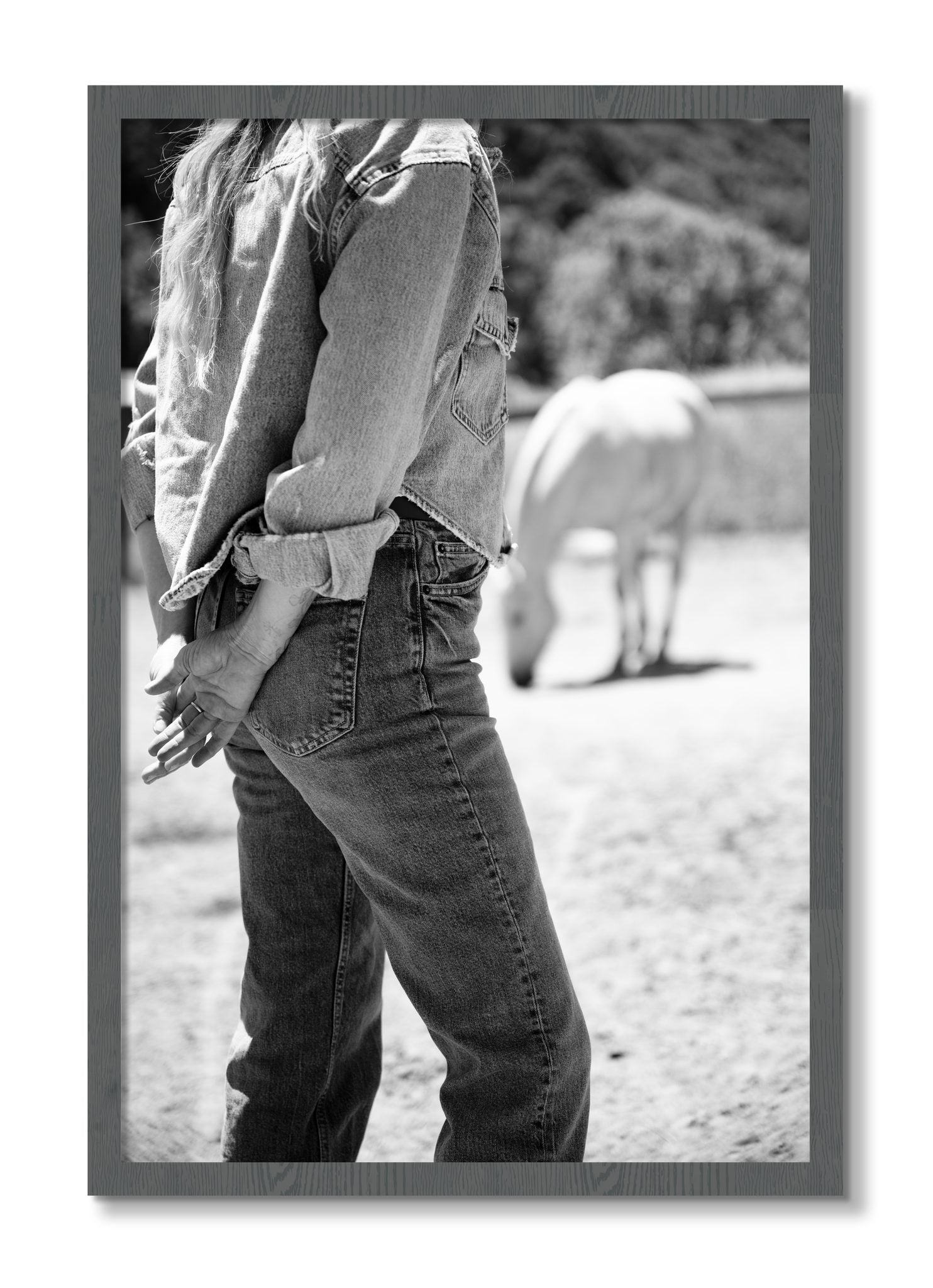 Framed photograph of Cowgirl by Dylan Ozanich, Grey frame, Full Bleed