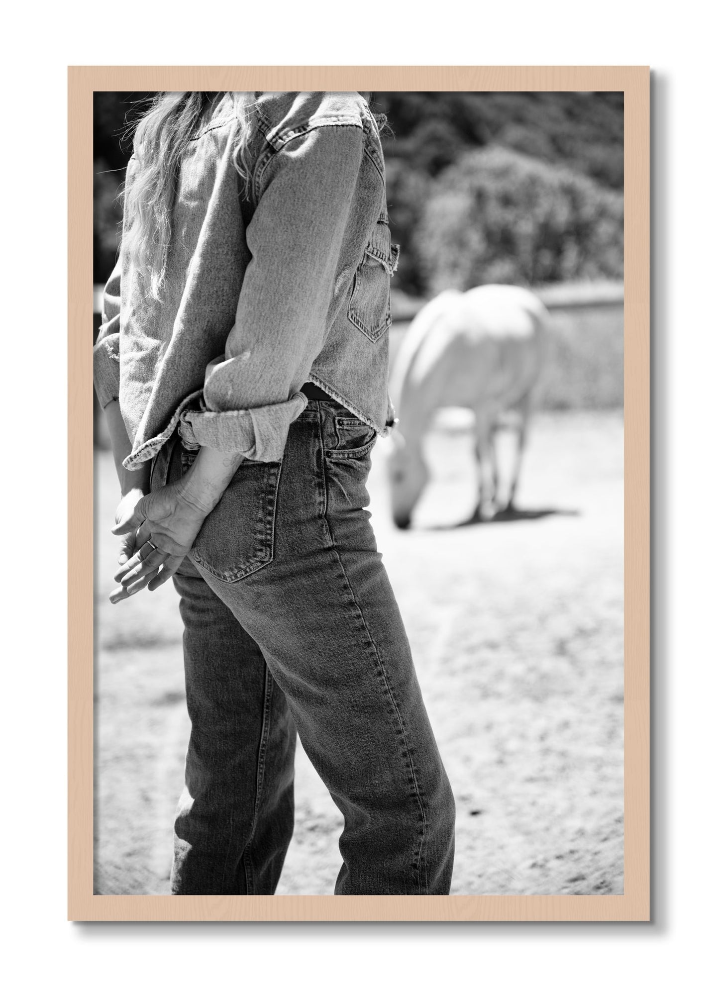 Framed photograph of Cowgirl by Dylan Ozanich, Maple frame, Full Bleed