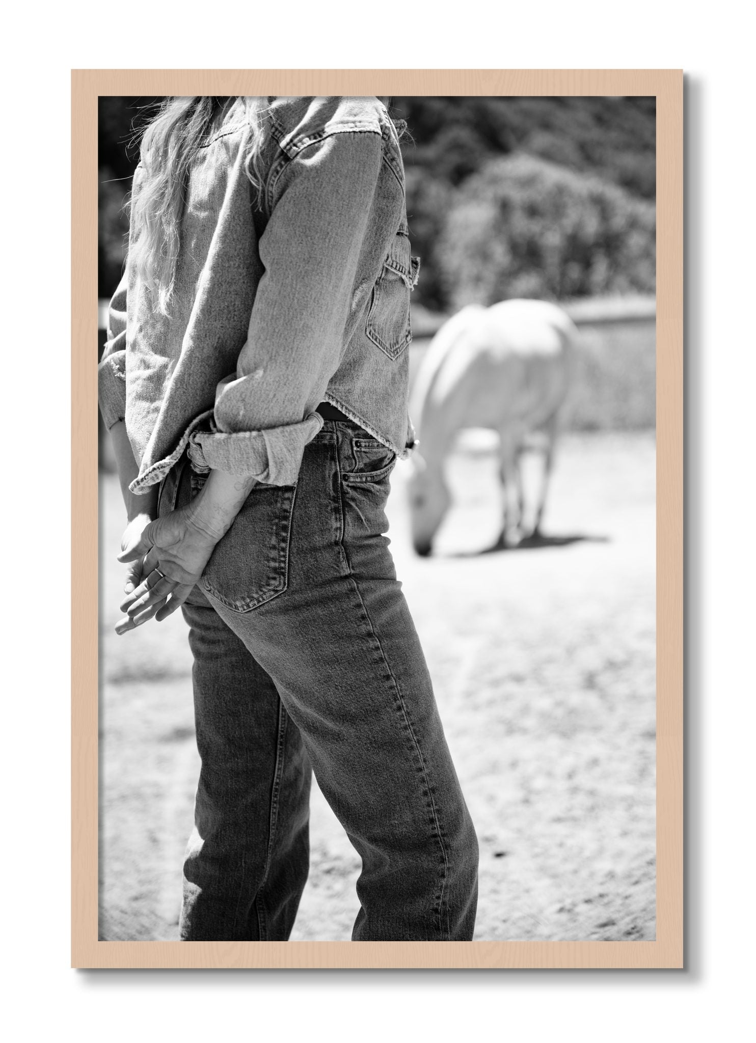 Framed photograph of Cowgirl by Dylan Ozanich, Maple frame, Full Bleed