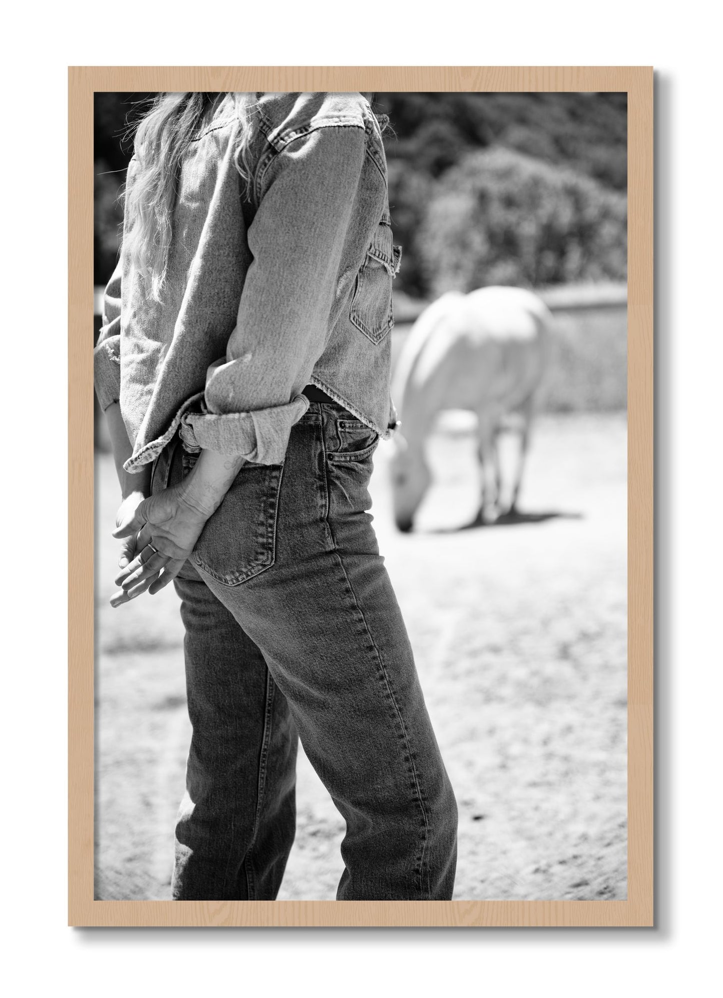 Framed photograph of Cowgirl by Dylan Ozanich, Oak frame, Full Bleed
