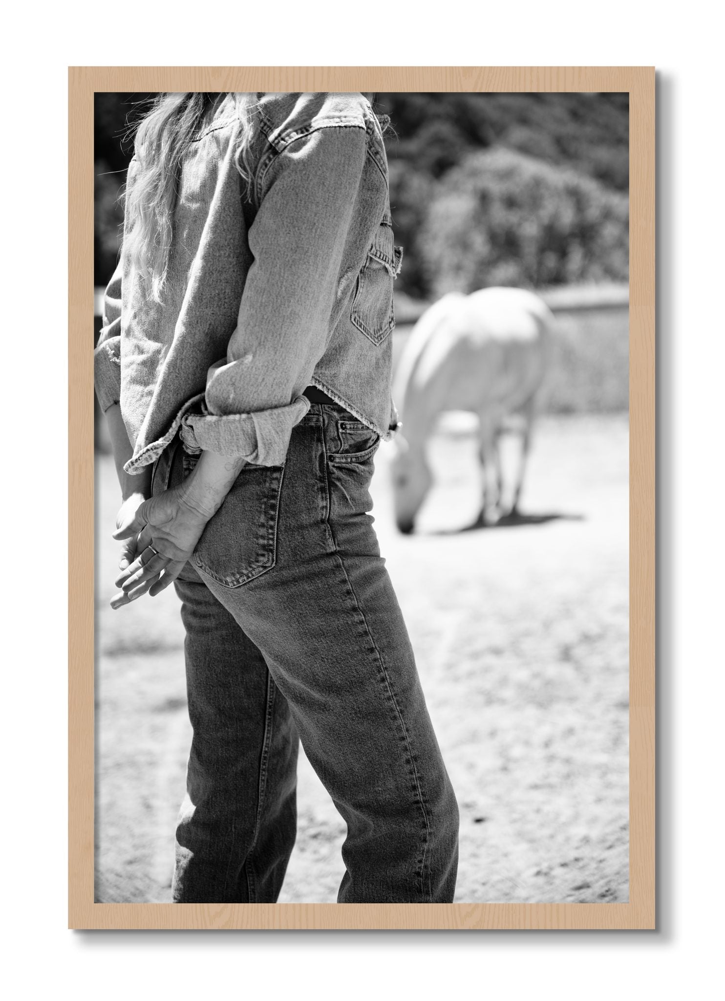 Framed photograph of Cowgirl by Dylan Ozanich, Oak frame, Full Bleed