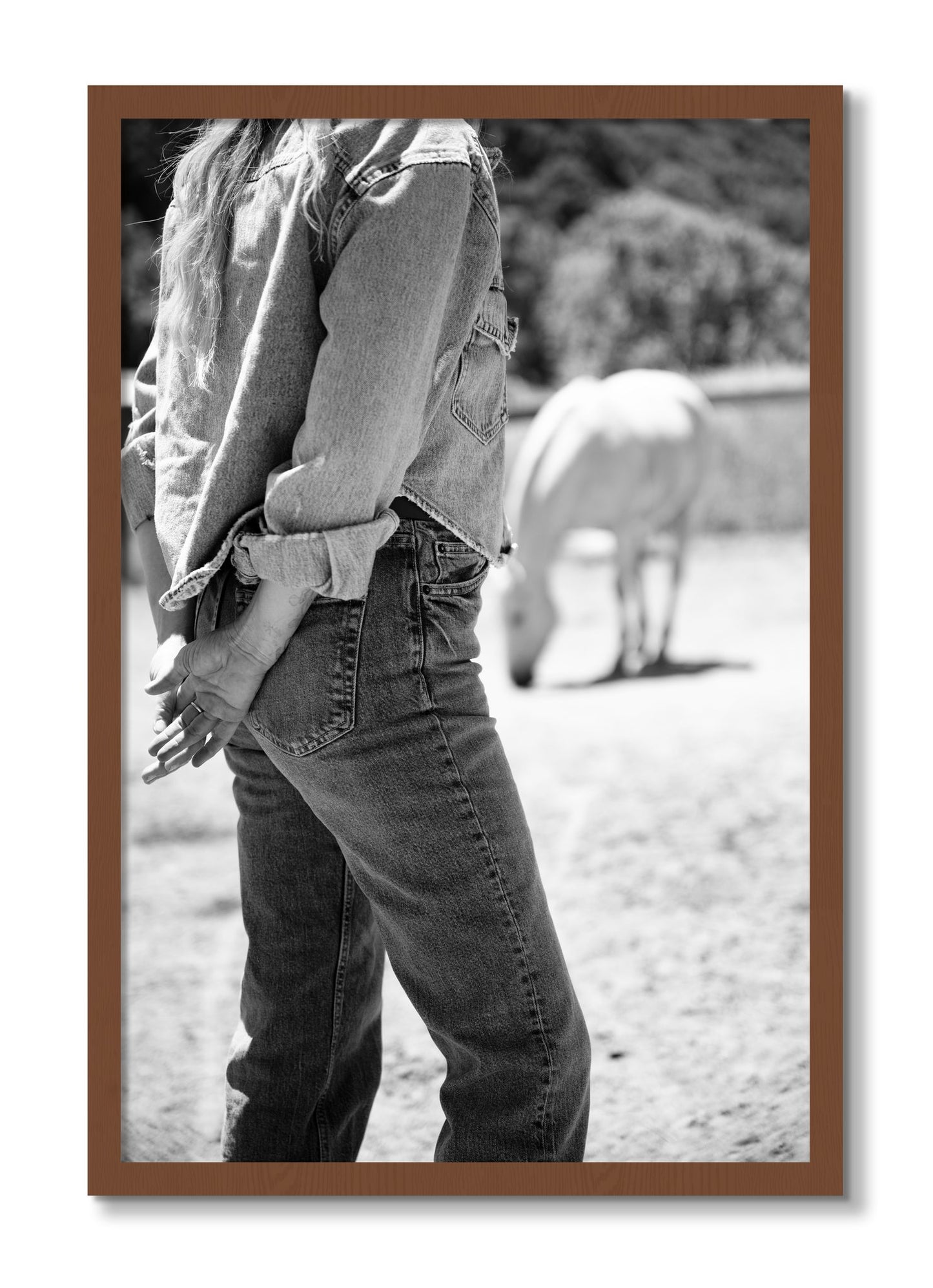 Framed photograph of Cowgirl by Dylan Ozanich, Walnut frame, Full Bleed