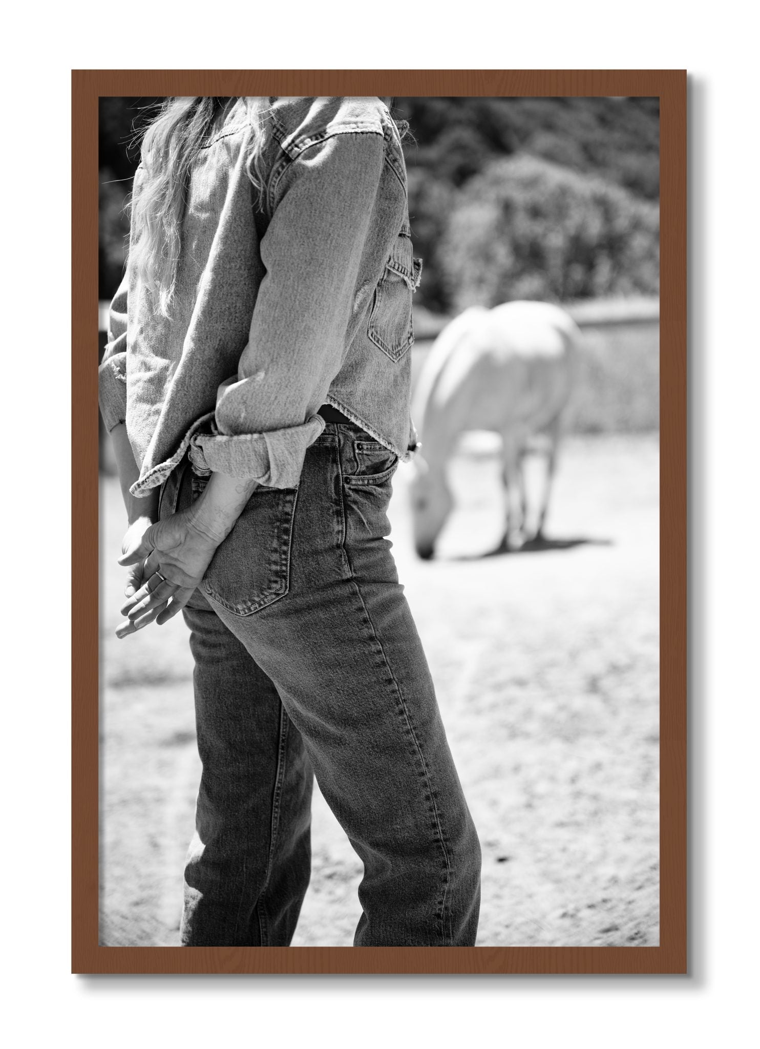 Framed photograph of Cowgirl by Dylan Ozanich, Walnut frame, Full Bleed