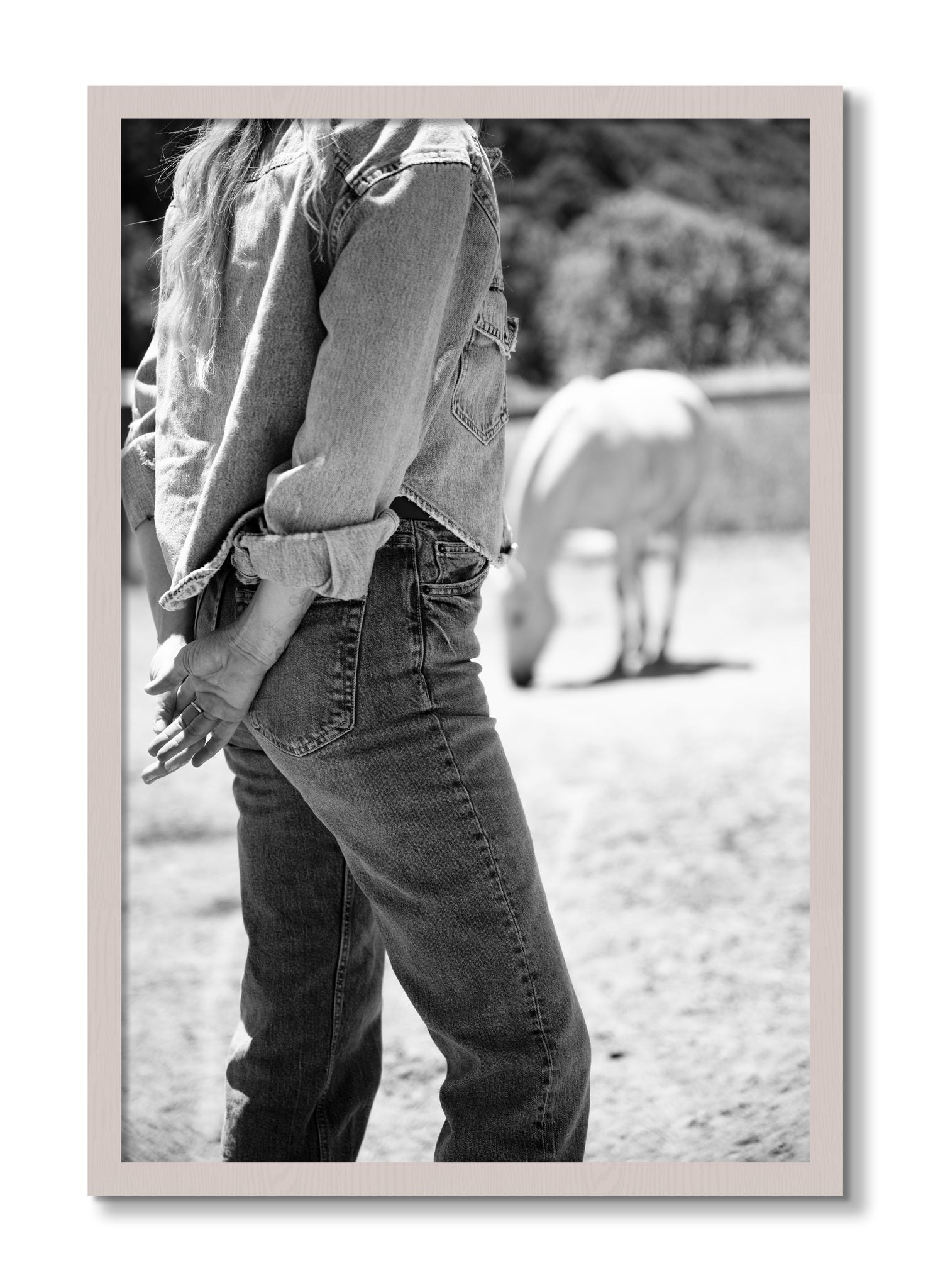 Framed photograph of Cowgirl by Dylan Ozanich, White Maple frame, Full Bleed