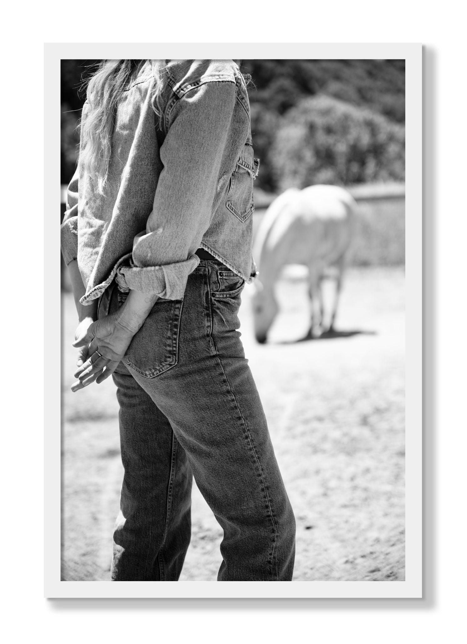 Framed photograph of Cowgirl by Dylan Ozanich, White frame, Full Bleed