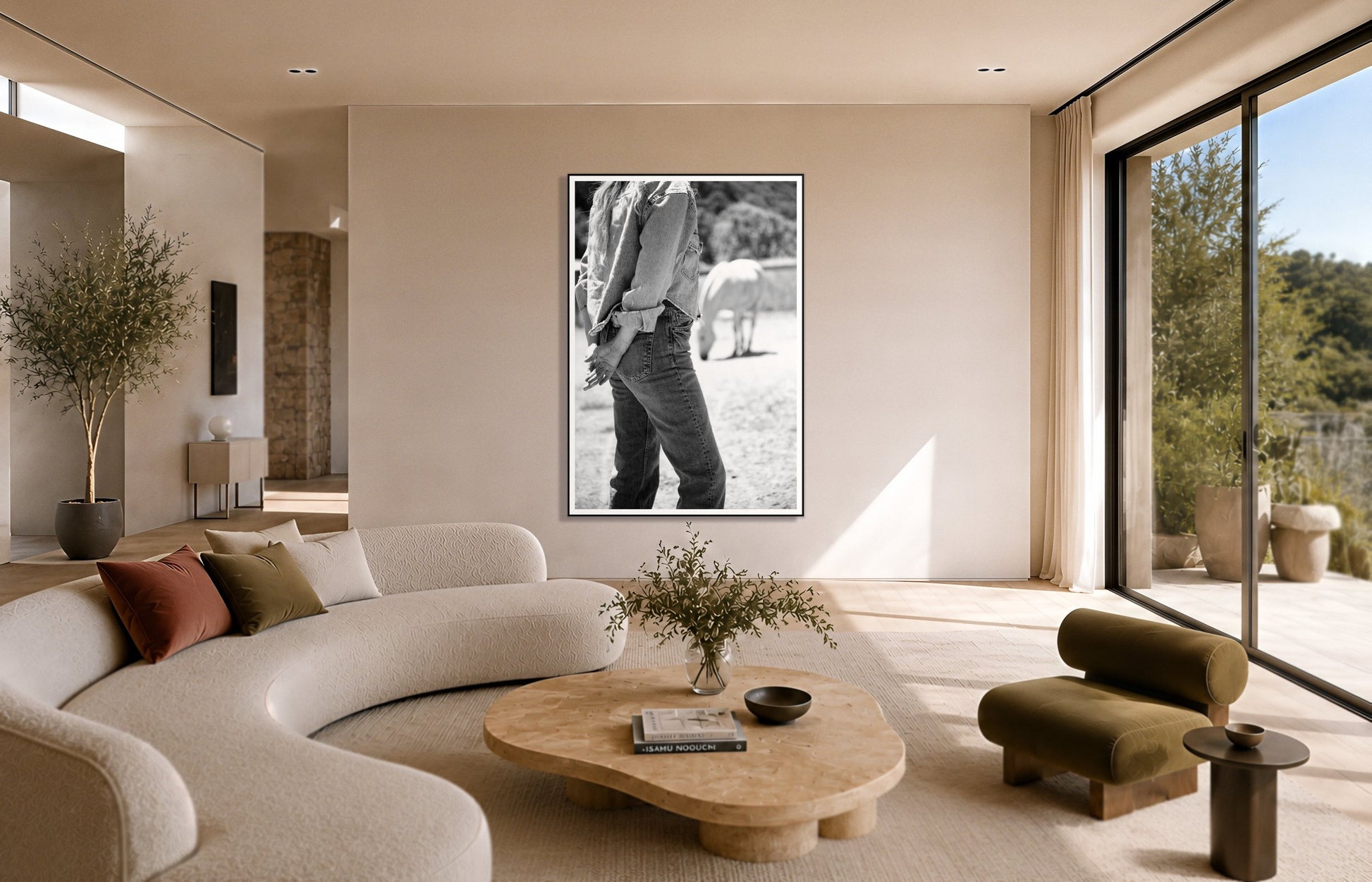 Cowgirl by Dylan Ozanich in a Black frame, above a cream curved sofa in a sunlit room with olive velvet seating