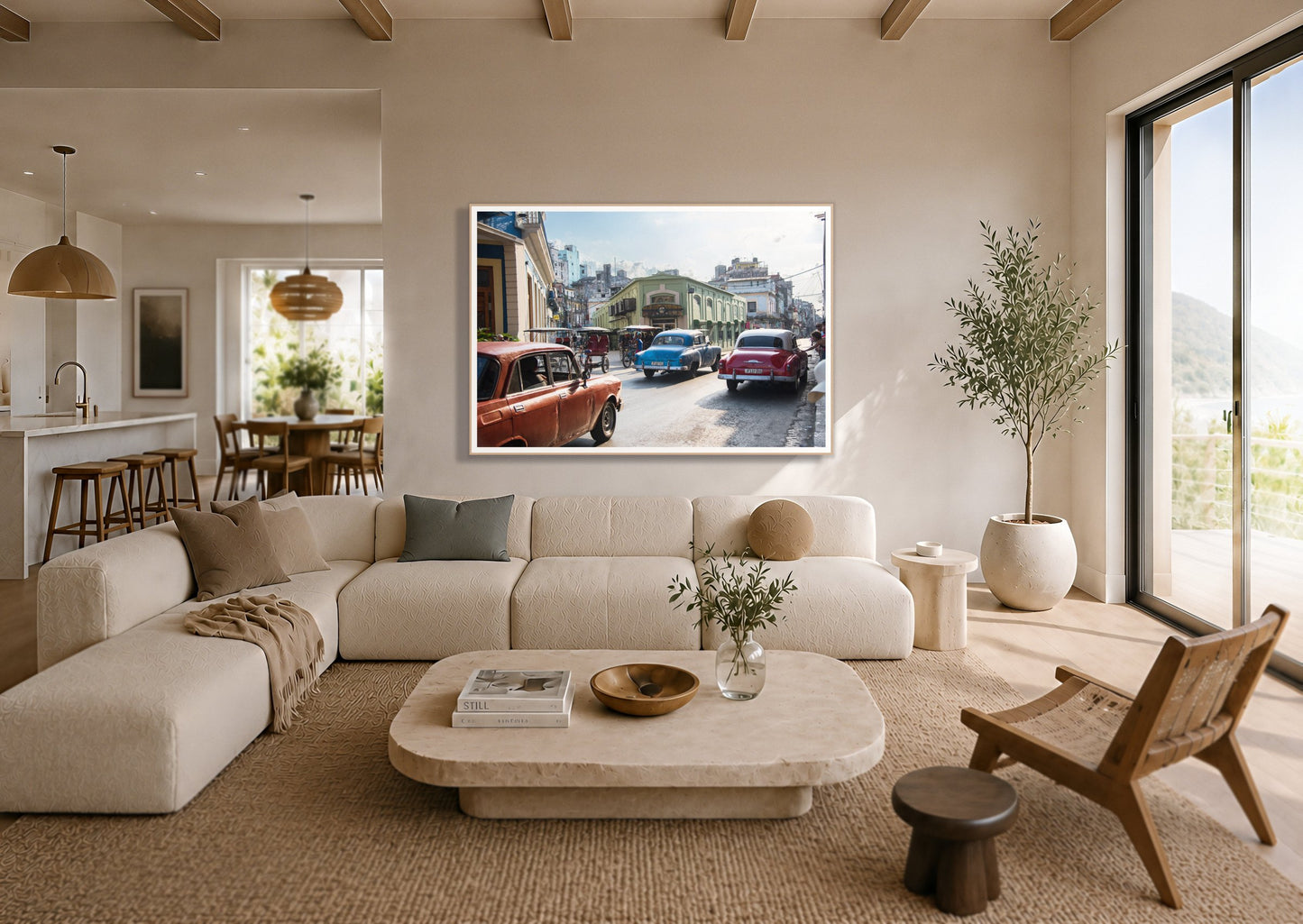Cuba by Dylan Ozanich in an Oak frame, above a cream sectional in a coastal living room with an ocean view