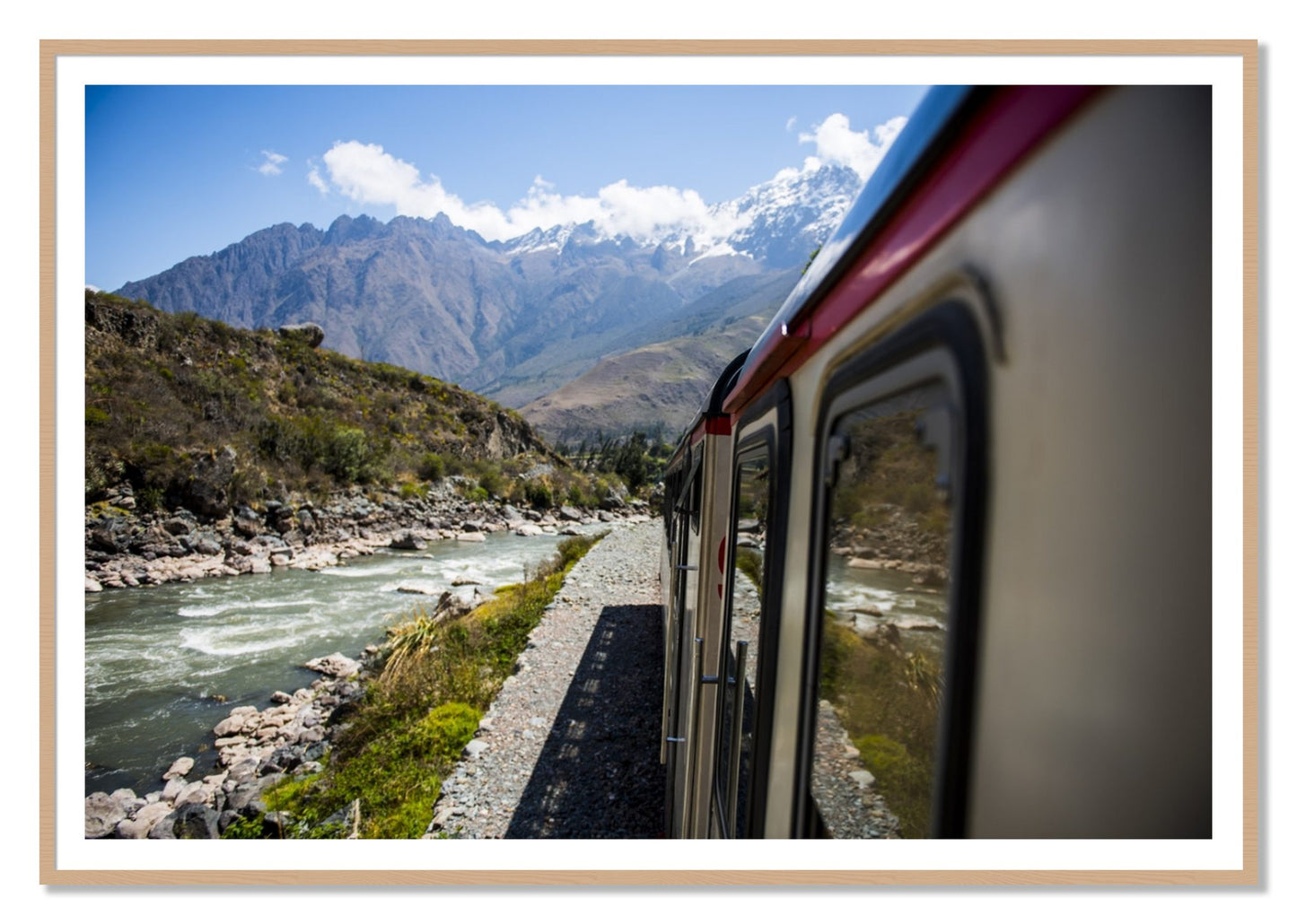 Cusco To Aagua Caliente by Dylan Ozanich, 48×72 print with a White Border in an Oak frame