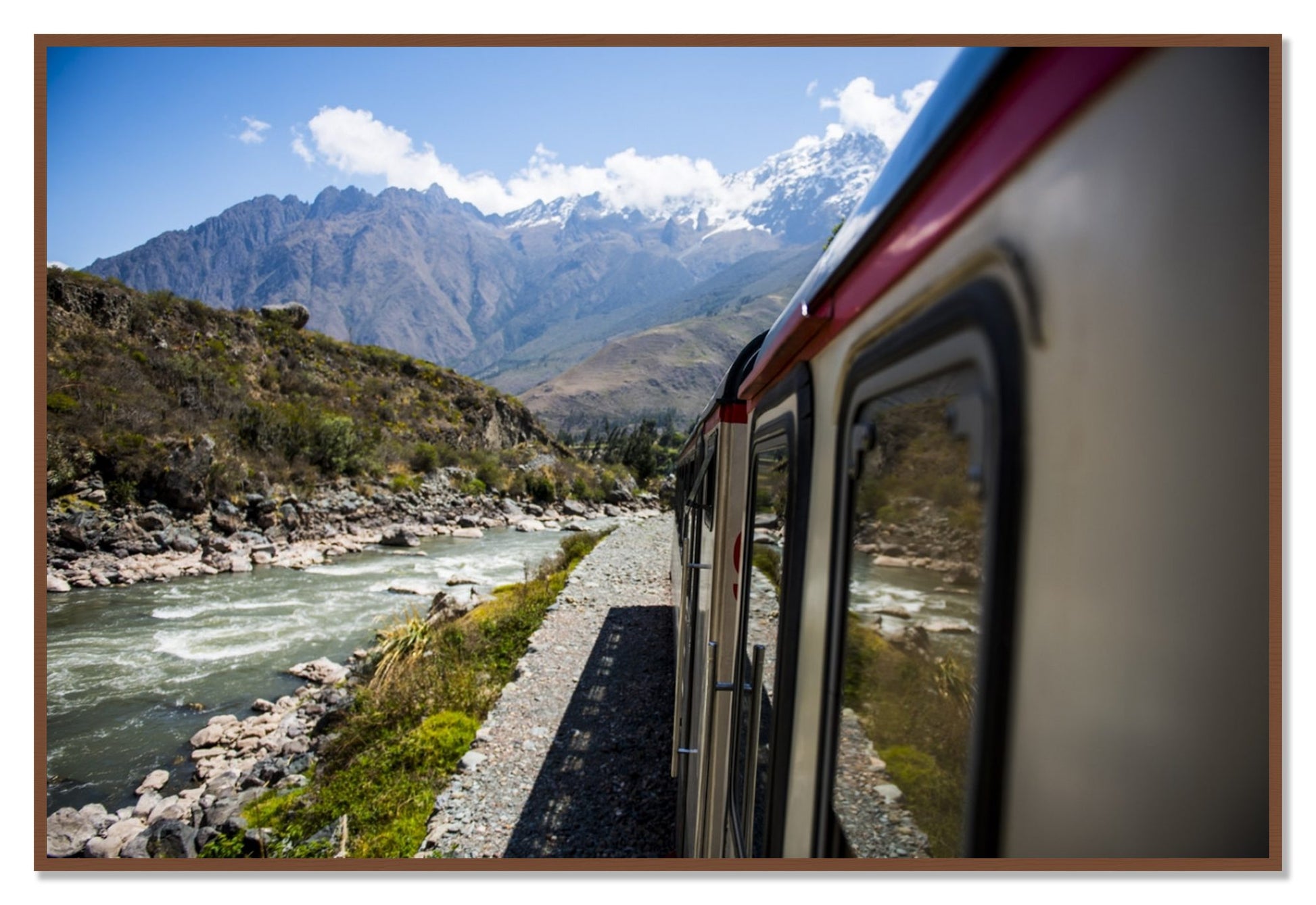 Cusco To Aagua Caliente by Dylan Ozanich, 48×72 Full Bleed Print in a Walnut frame