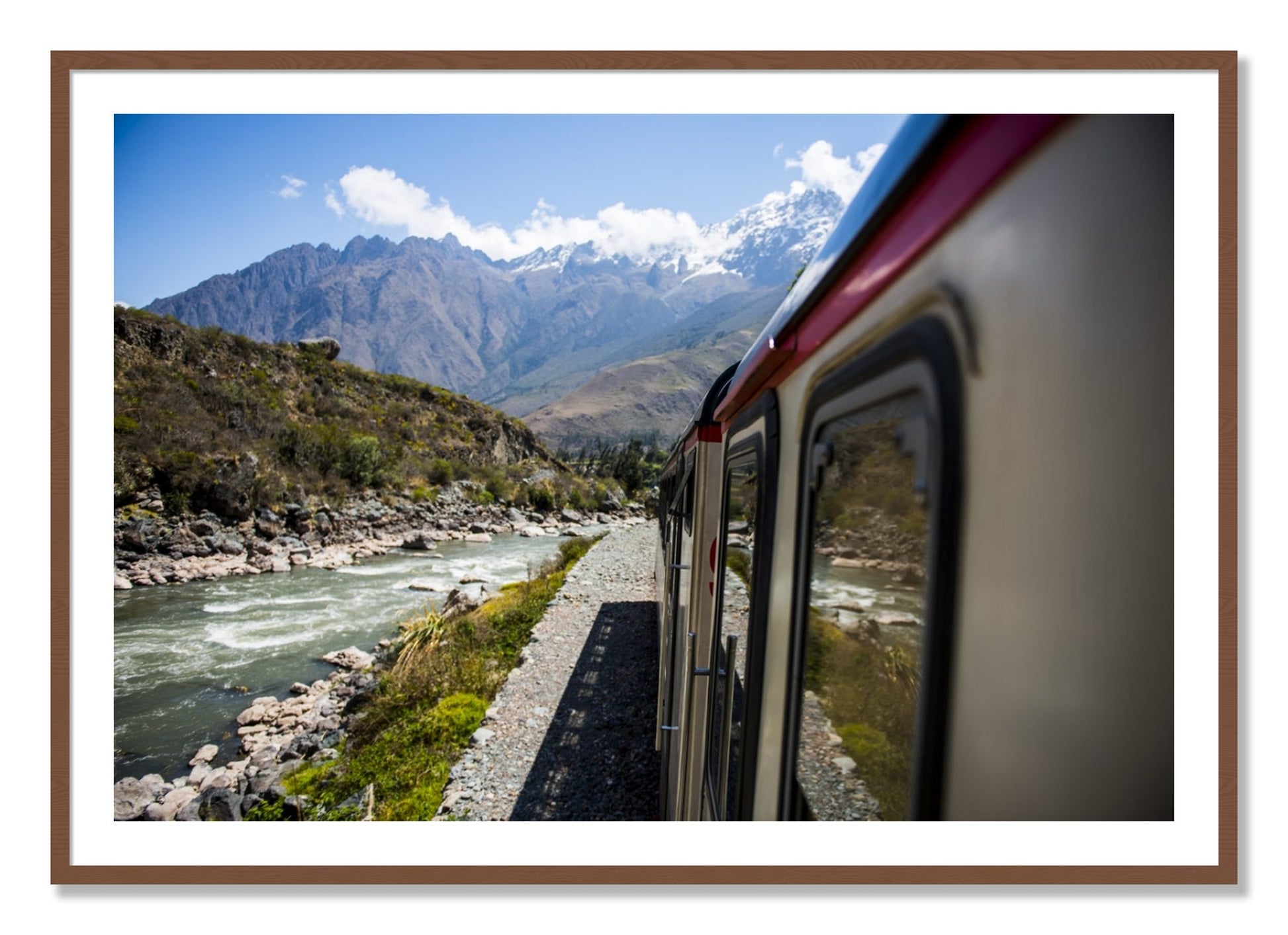Framed photograph of Cusco To Aagua Caliente by Dylan Ozanich, Walnut frame, Borders