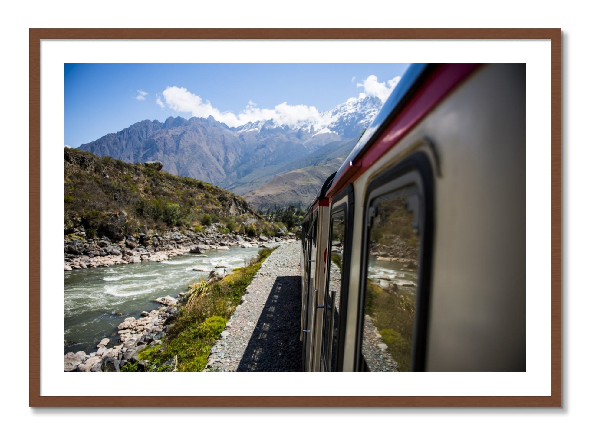 Framed photograph of Cusco To Aagua Caliente by Dylan Ozanich, Walnut frame, Borders