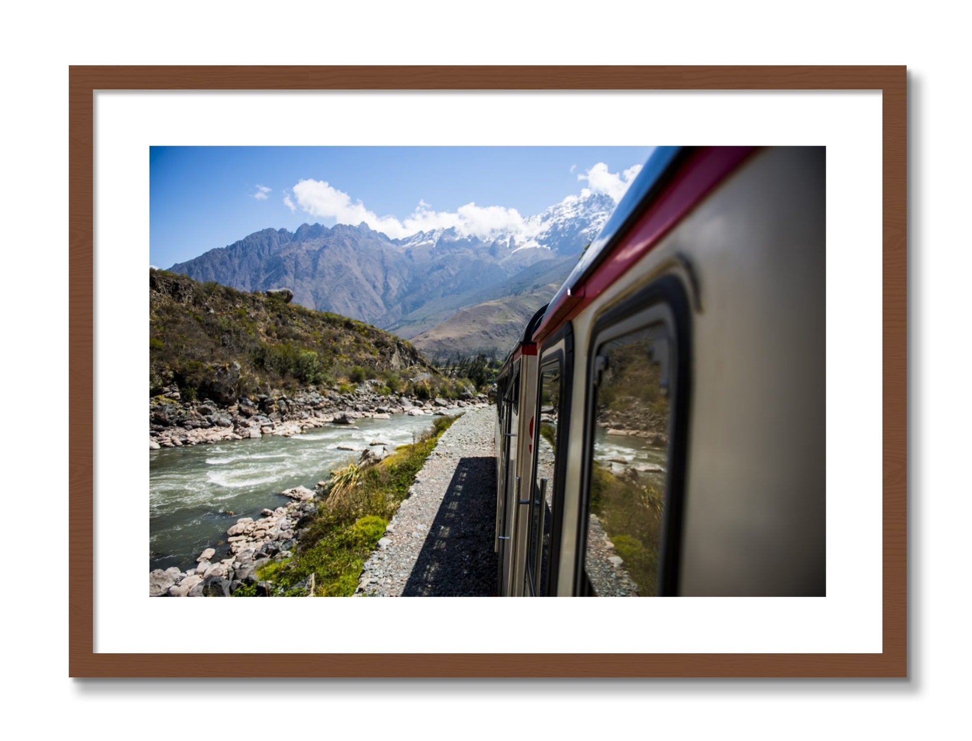 Framed photograph of Cusco To Aagua Caliente by Dylan Ozanich, Walnut frame, Borders